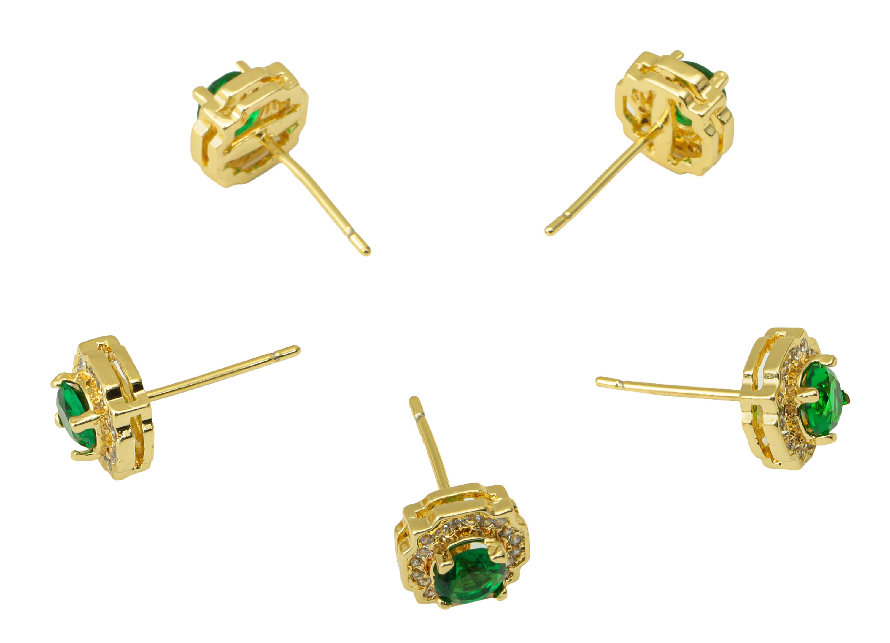 Brass Green Earring Stud - Brass Round Earring Post - Circle Earring Post -Cubic Zirconia Stud -18K Real Gold Plated - 8x8x5.01mm- RGP6447 - DOMEDBAZAAR