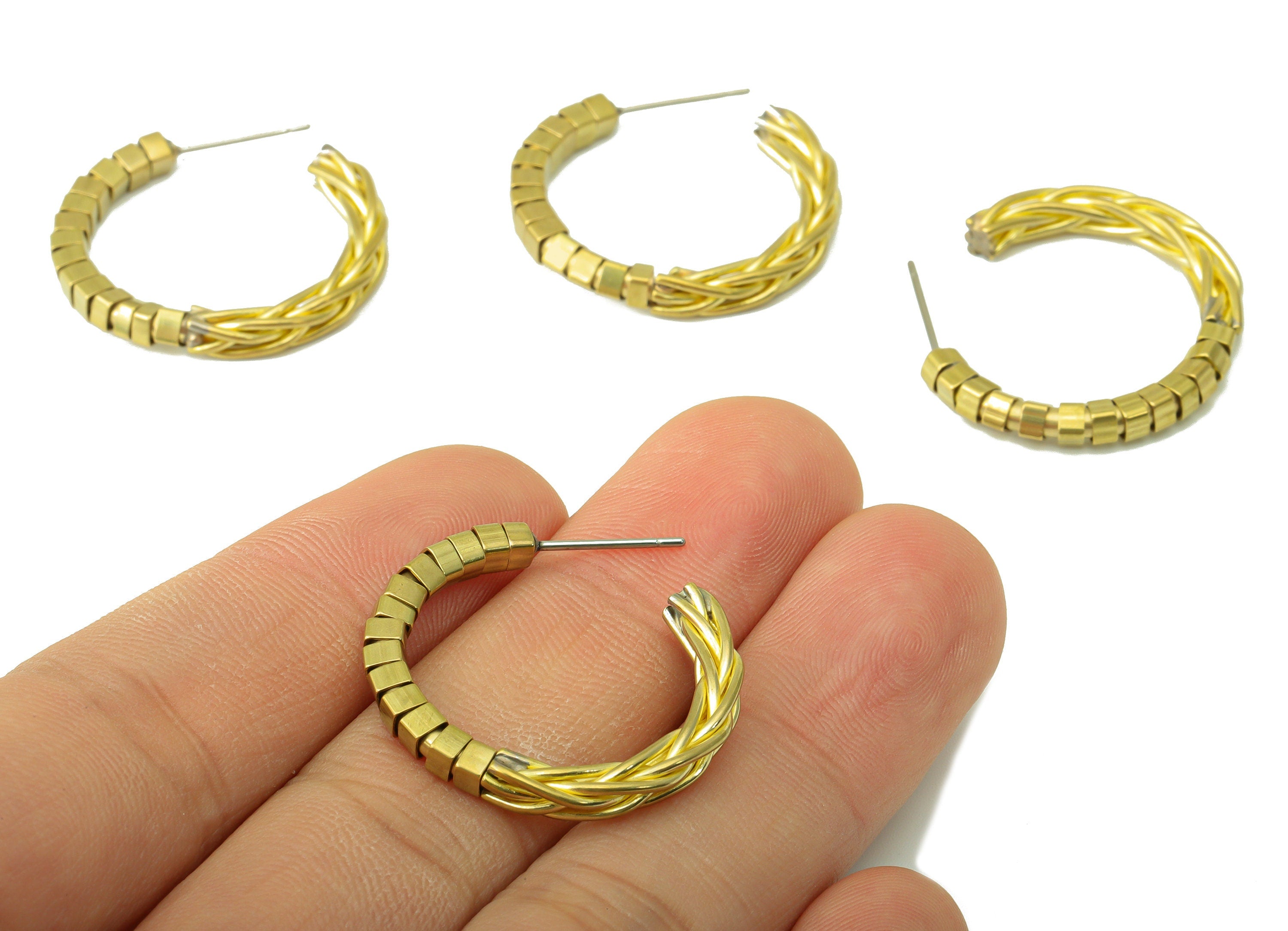 Brass Cube Beaded Hoop Earring - Raw Brass C Hoop Earring - Spliced Earrings - Brass Wire Earring Hoop - Jewelry Supplies - 22x19x2mm-PP8418 - DOMEDBAZAAR