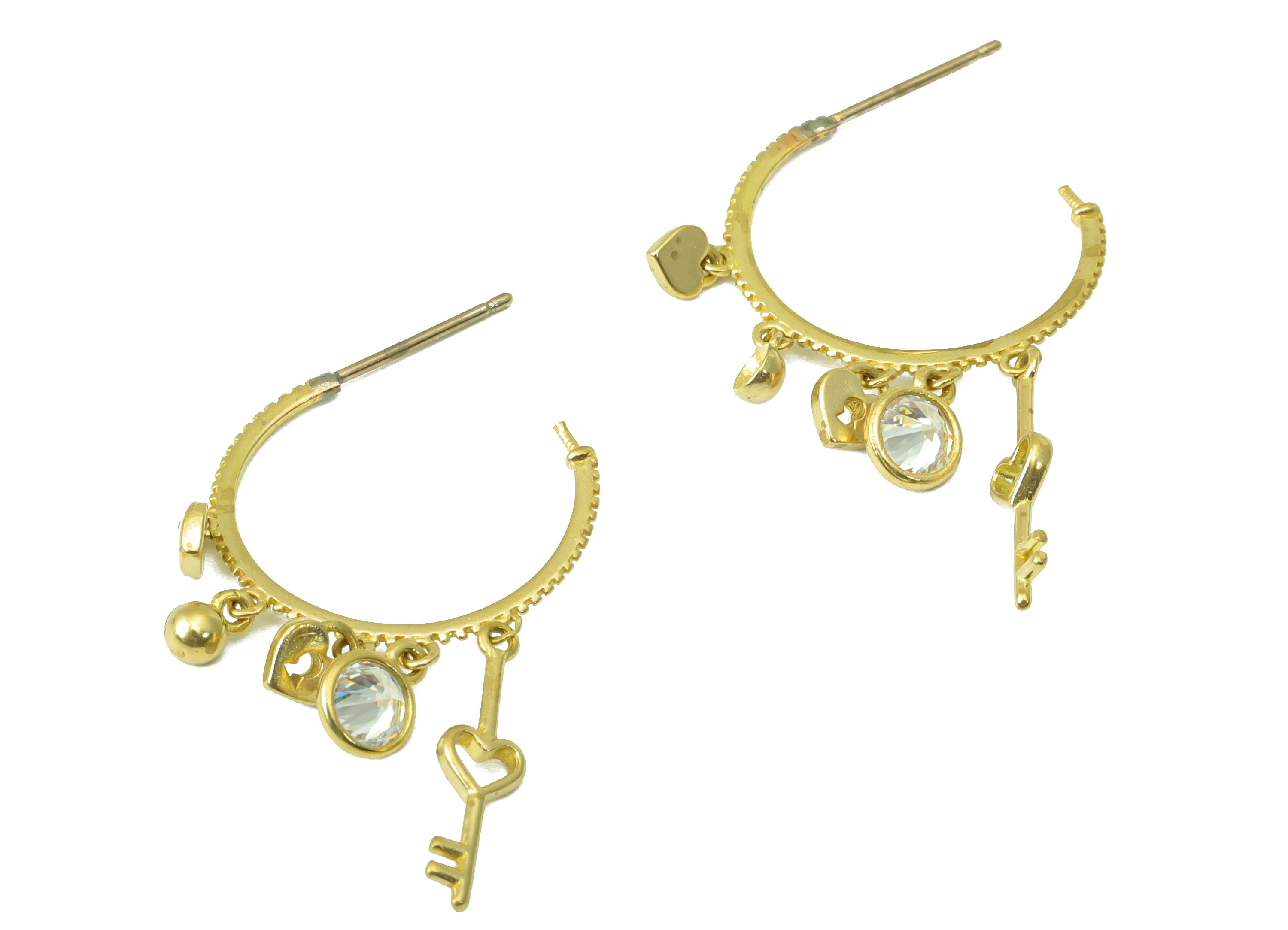 Brass Open Earring Hoop - Raw Brass Dangle Hoop Earring - CZ Heart Padlock Key Earring Hoop - Jewelry Supplies - 36.4x26.52x0.72mm-PP8425 - DOMEDBAZAAR