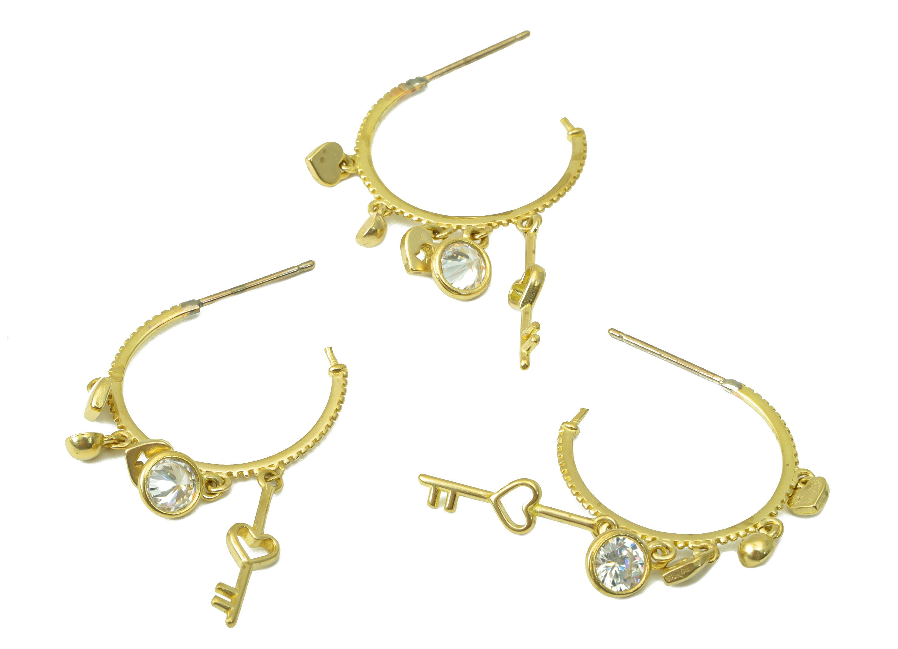 Brass Open Earring Hoop - Raw Brass Dangle Hoop Earring - CZ Heart Padlock Key Earring Hoop - Jewelry Supplies - 36.4x26.52x0.72mm-PP8425 - DOMEDBAZAAR
