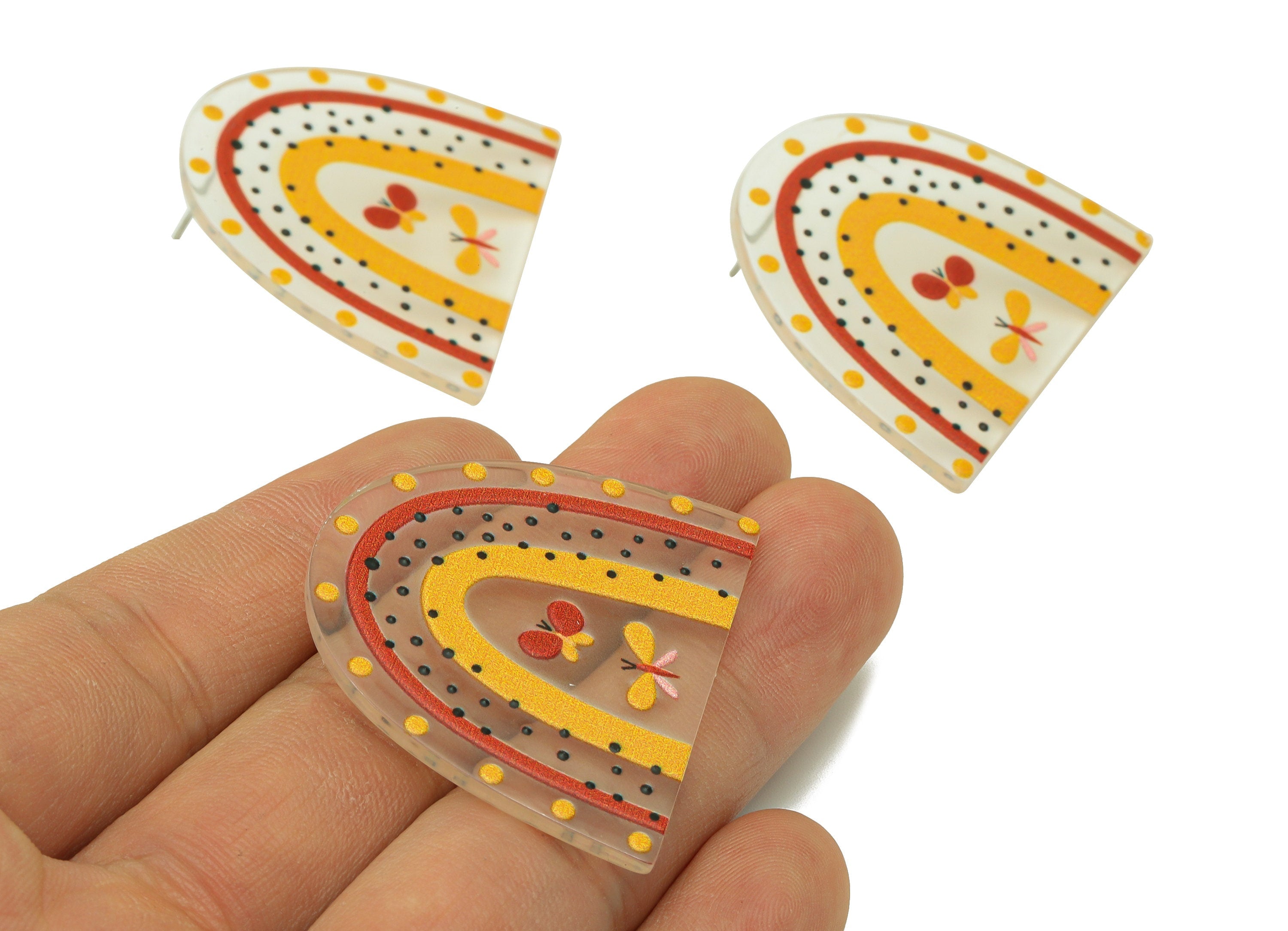 Domed Acrylic Earring Stud - Acrylic Rainbow Dot Earring Post -Butterfly Earring Post - Jewelry Making Supplies -34.45x40.02x2.08mm- AC2590E - DOMEDBAZAAR