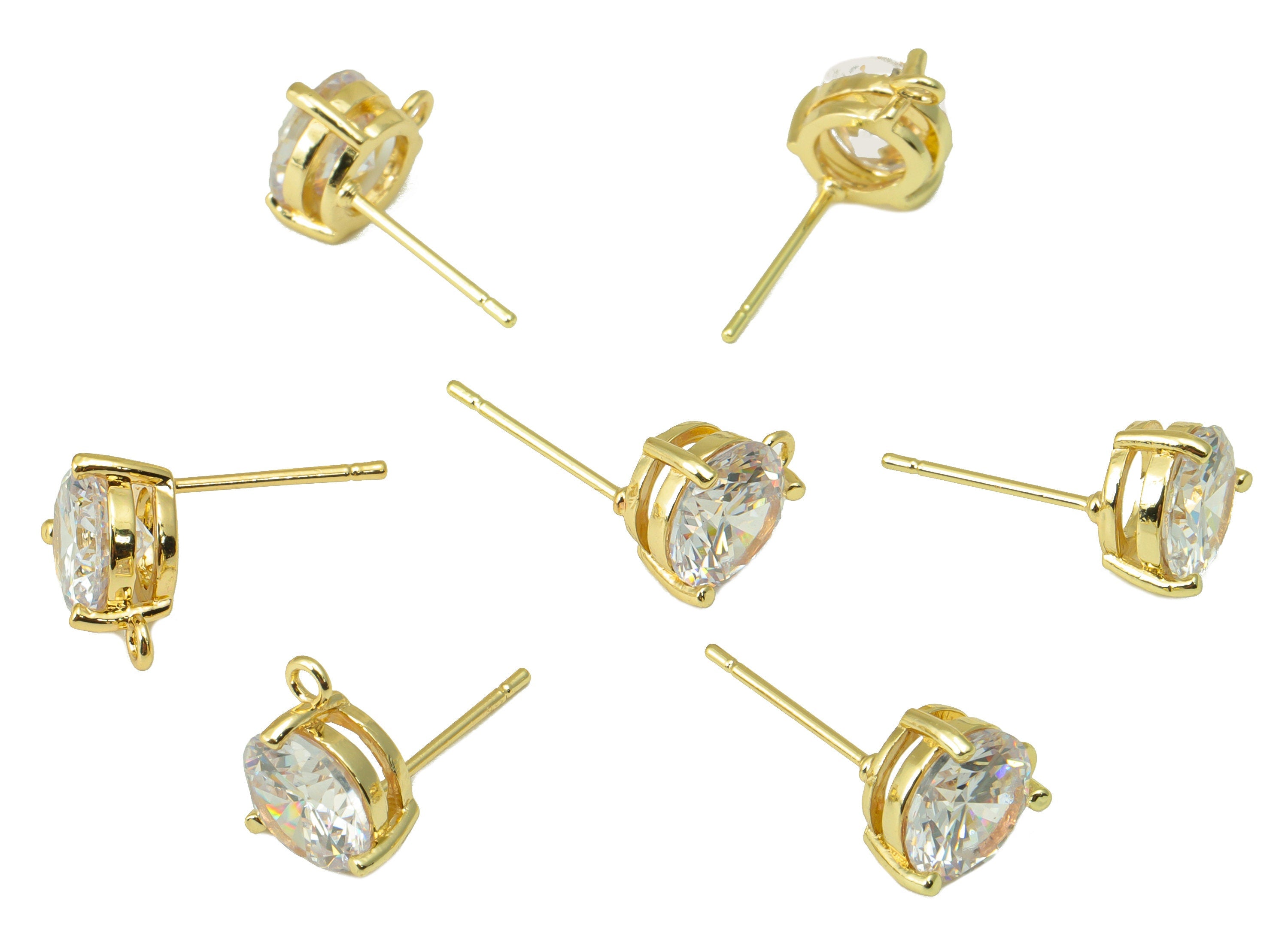 Brass Round Earring Stud - Gold Circle CZ Earring Post -Cubic Zircon Stud with Loop - Gold Tone Plated Brass - 10.85x8.8x5mm- PP1071G - DOMEDBAZAAR