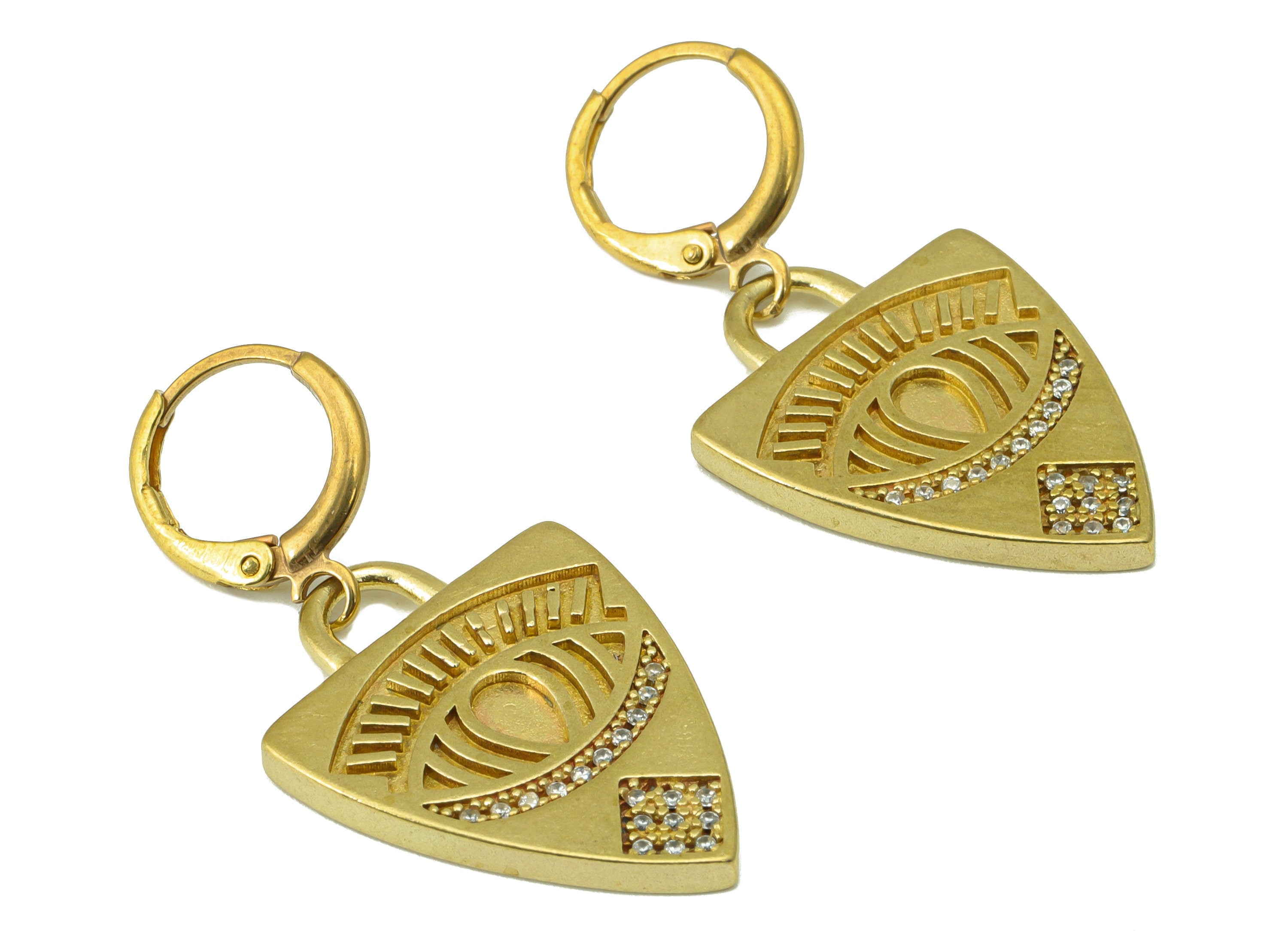 Brass Triangle Eye Clasp - Raw Brass Eyelash Hoop Clasp -Brass Huggie  Clasp - Brass Shield Clasp Cubic Zircon -38.48x19.49x2.27mm - PP8591 - DOMEDBAZAAR