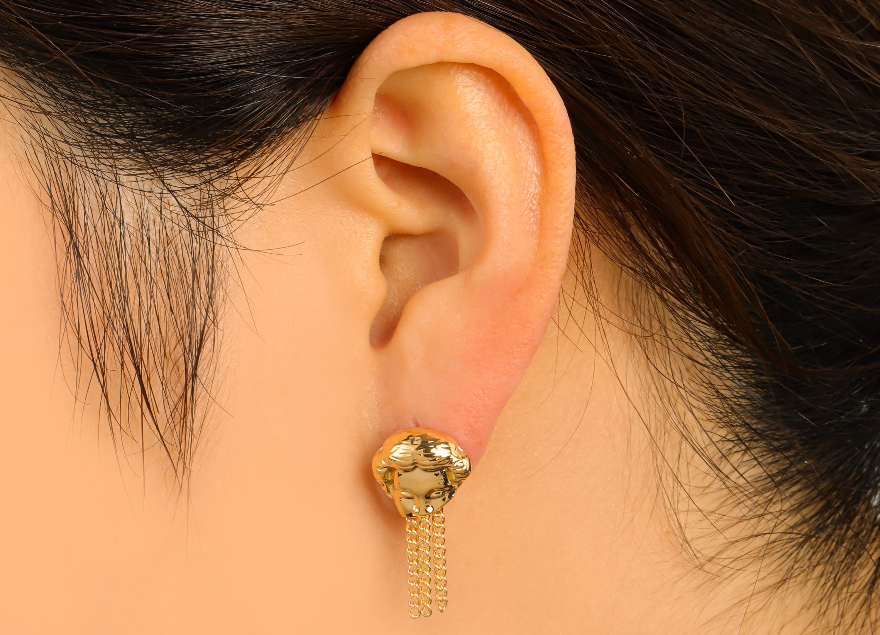 Brass Greek Portrait Earring Stud - Antique Looking Earring Post - Curb Chain Tassel Dangle Earring -18k real gold-plated -26x13x4mm-RGP6666 - DOMEDBAZAAR