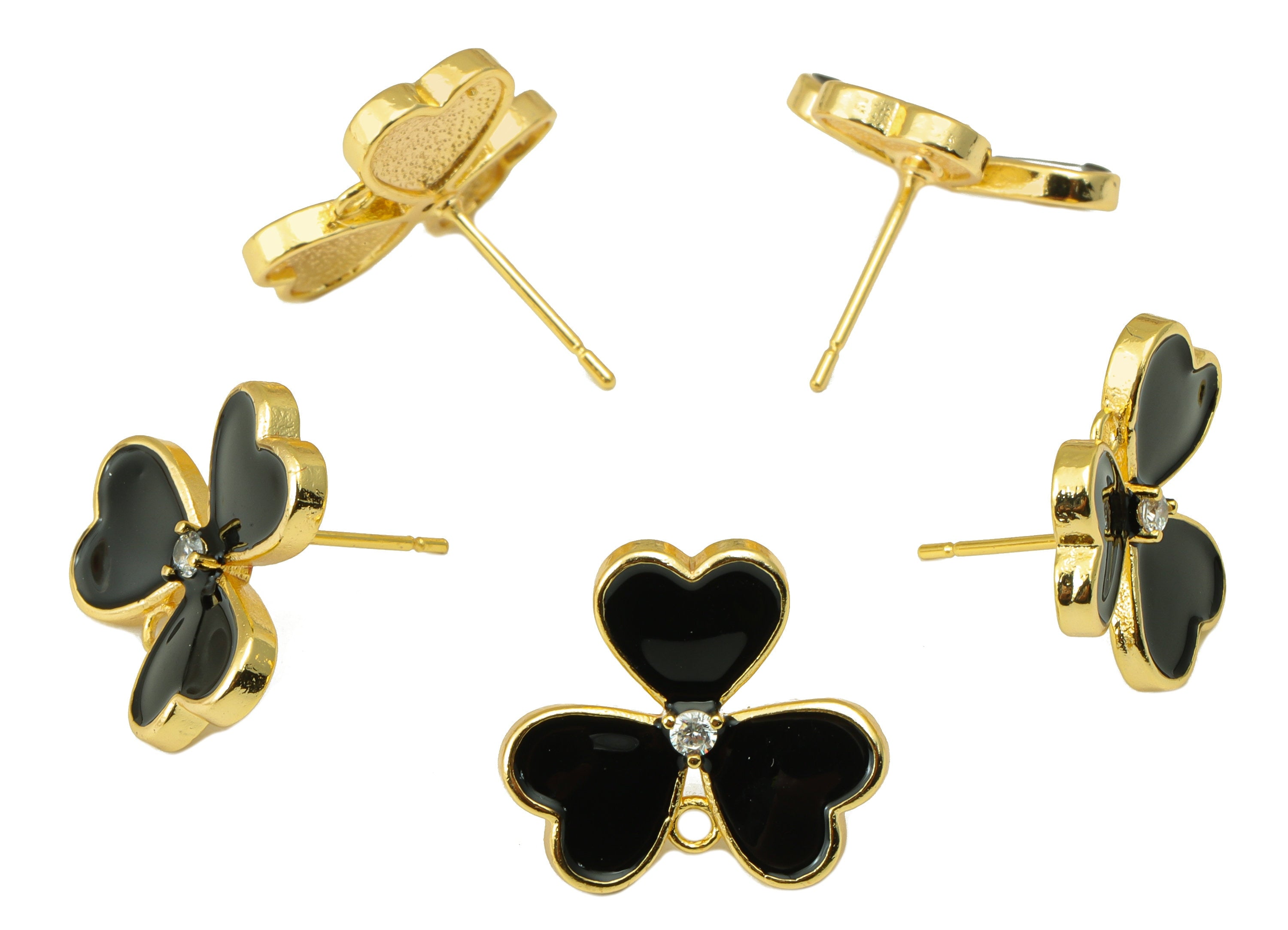 Brass Leaves Earring Stud - Enamel Zircon Clover Heart Earring Post - 316 Stainless Steel - 18k Real Gold Plating -16.1x16.1x1.9mm -RGP5233E - DOMEDBAZAAR