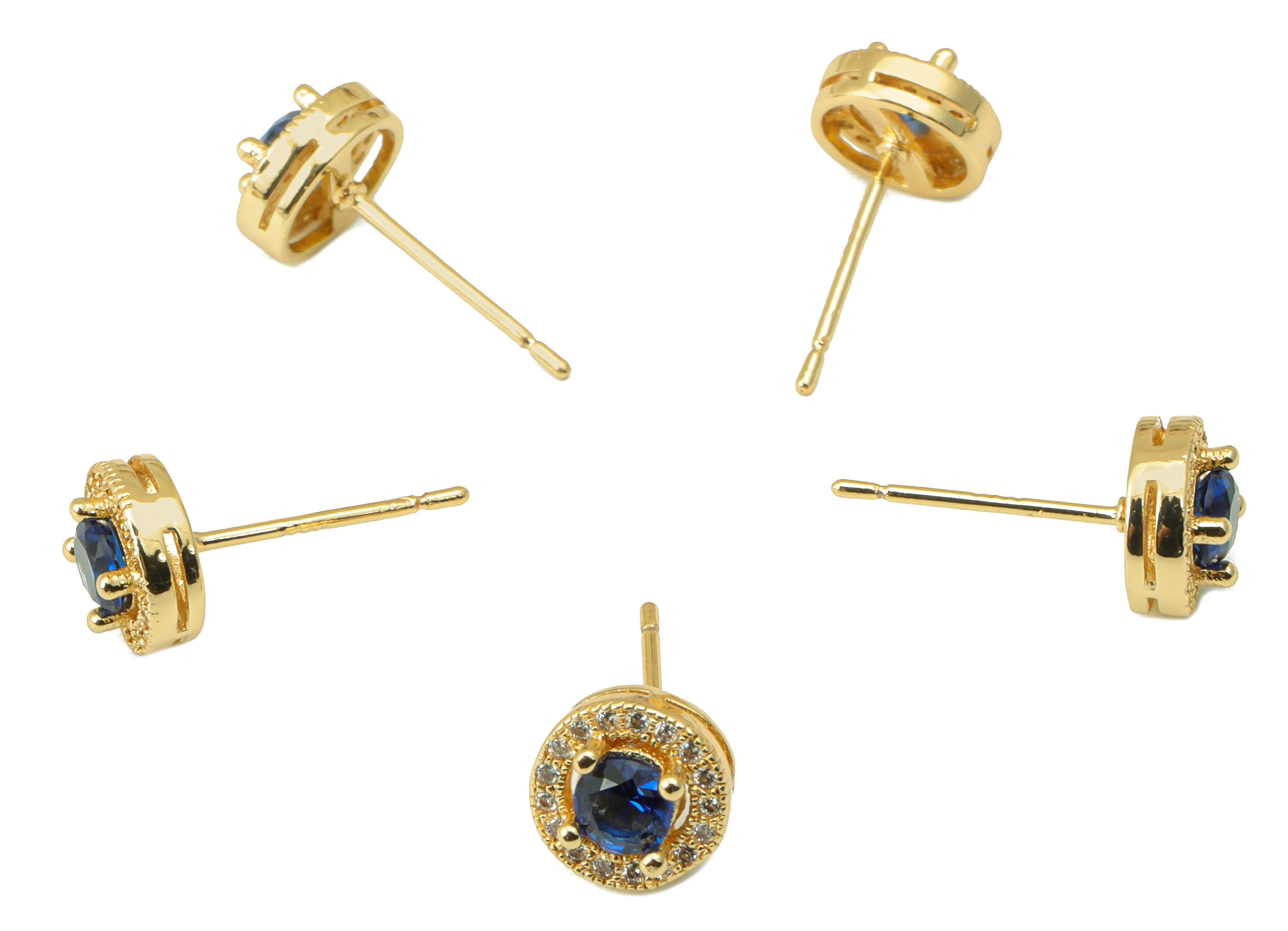 Brass Round Earring Stud - Brass Cubic Zirconia Earring Post- Blue CZ Earring Post - 18k Real Gold plated -15.57x7.98x3.73mm-RGP6656 - DOMEDBAZAAR