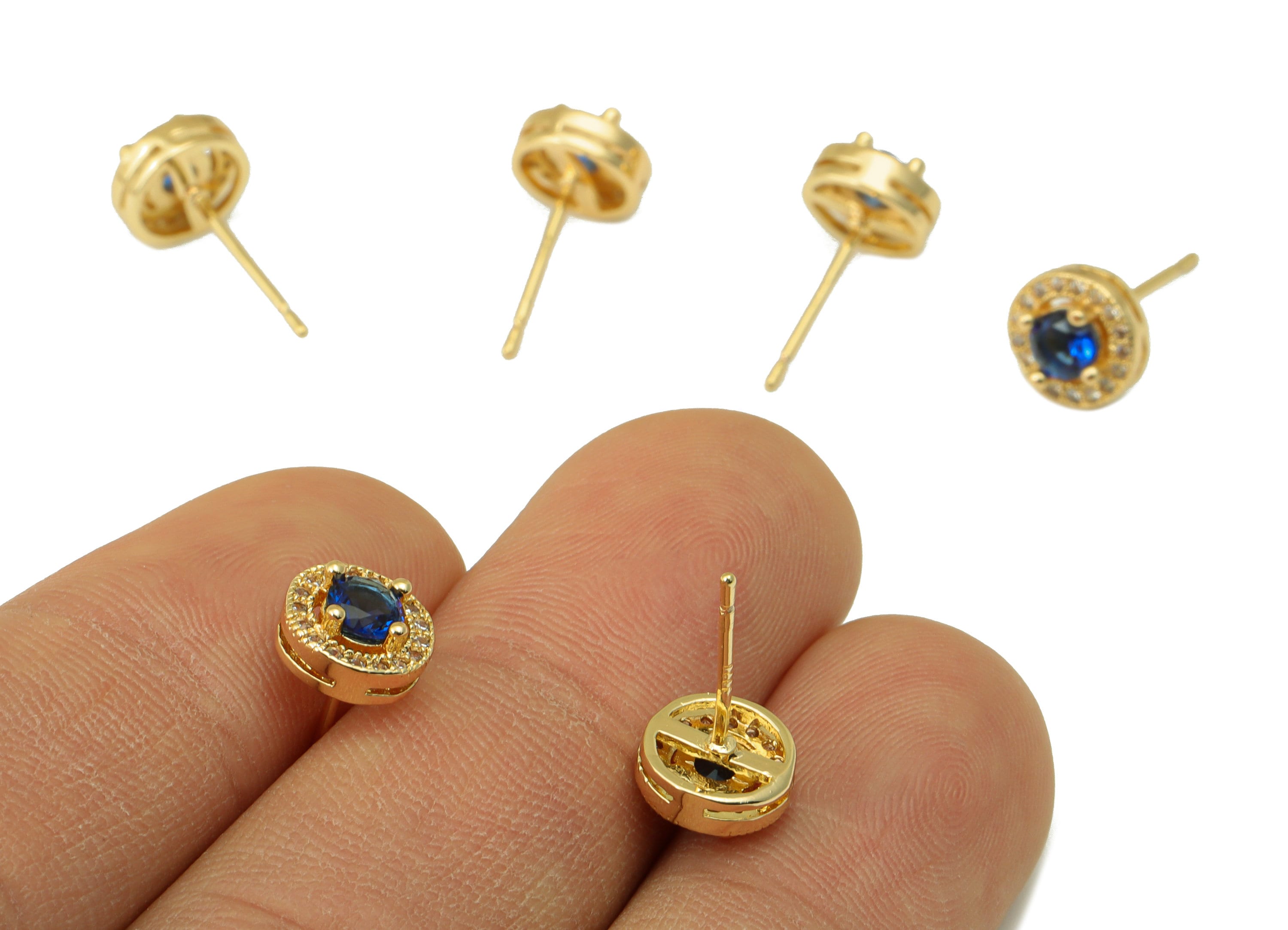Brass Round Earring Stud - Brass Cubic Zirconia Earring Post- Blue CZ Earring Post - 18k Real Gold plated -15.57x7.98x3.73mm-RGP6656 - DOMEDBAZAAR