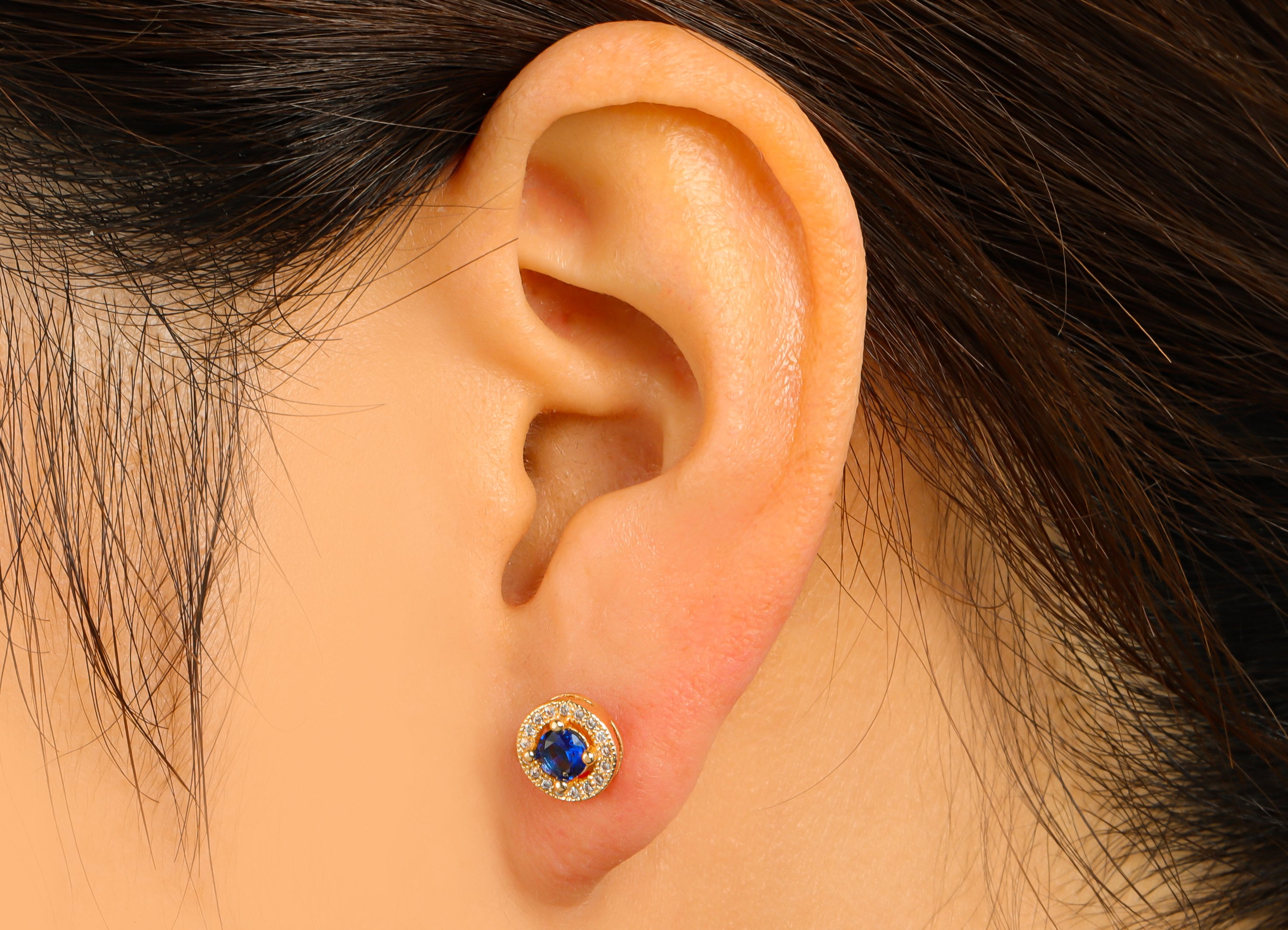 Brass Round Earring Stud - Brass Cubic Zirconia Earring Post- Blue CZ Earring Post - 18k Real Gold plated -15.57x7.98x3.73mm-RGP6656 - DOMEDBAZAAR