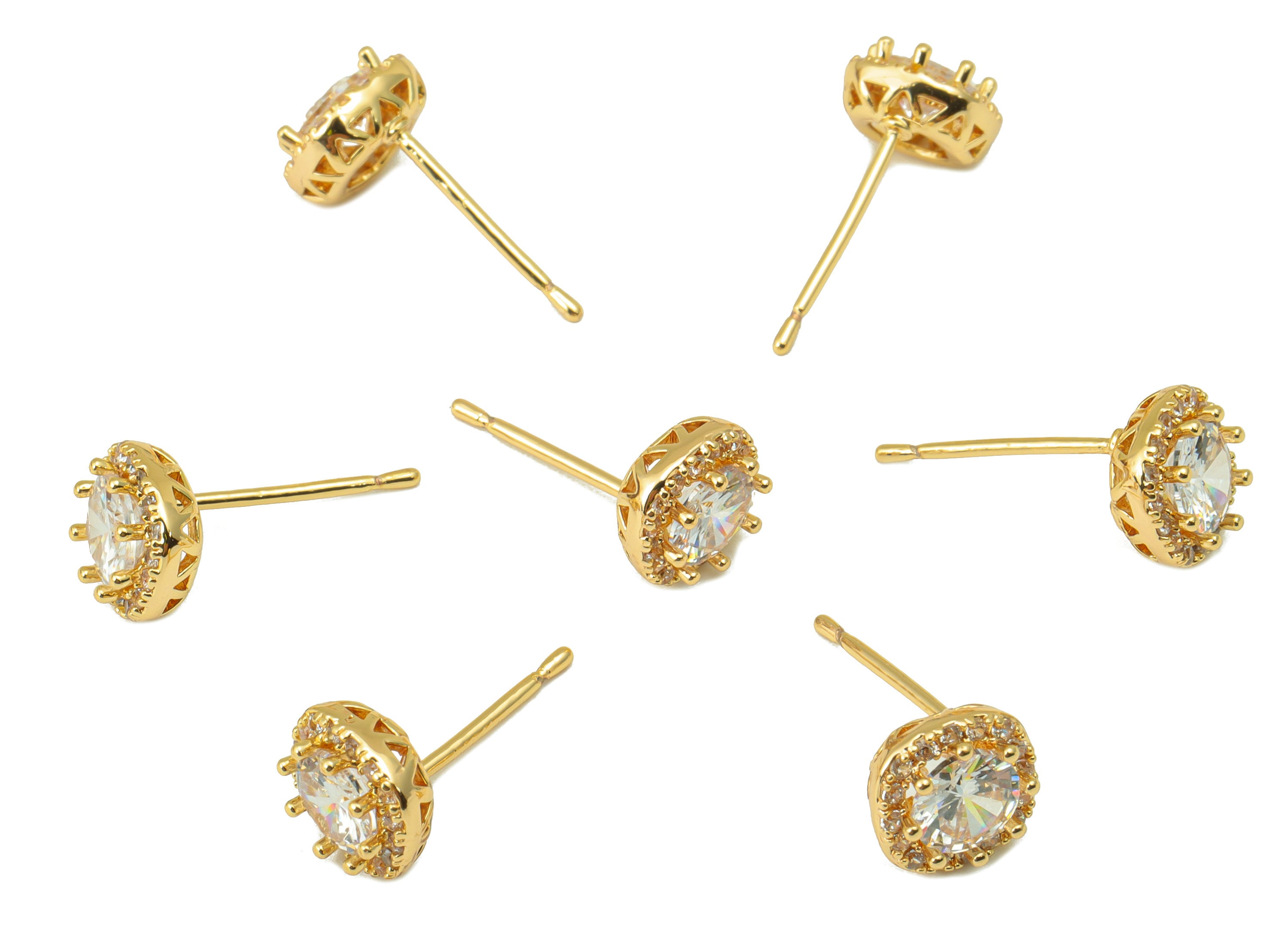 Brass Round Earring Stud - Brass Cubic Zirconia Earring Post- Circle CZ Earring Post - 18k Real Gold plated - 16.2x7.52x4.02mm-RGP6658 - DOMEDBAZAAR