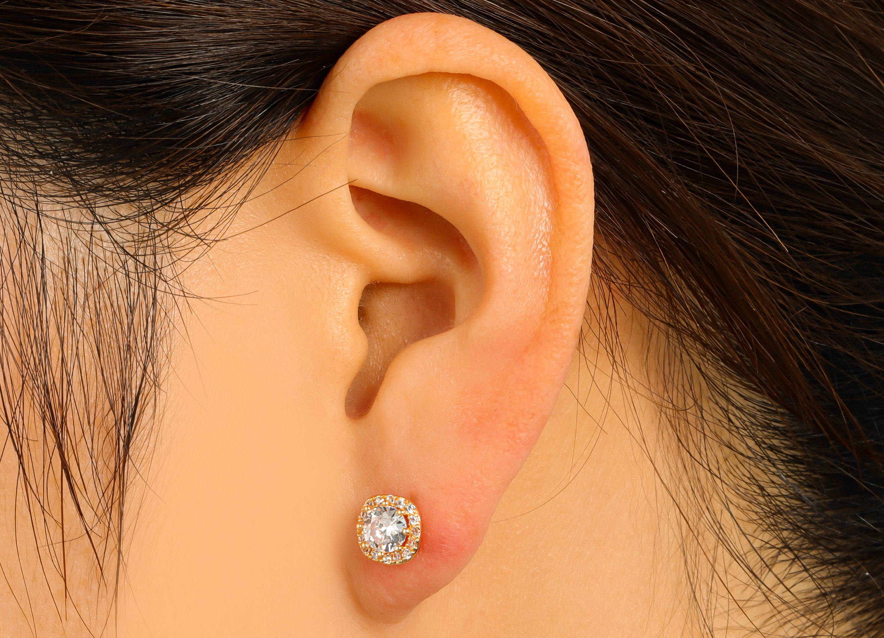 Brass Round Earring Stud - Brass Cubic Zirconia Earring Post- Circle CZ Earring Post - 18k Real Gold plated - 16.2x7.52x4.02mm-RGP6658 - DOMEDBAZAAR