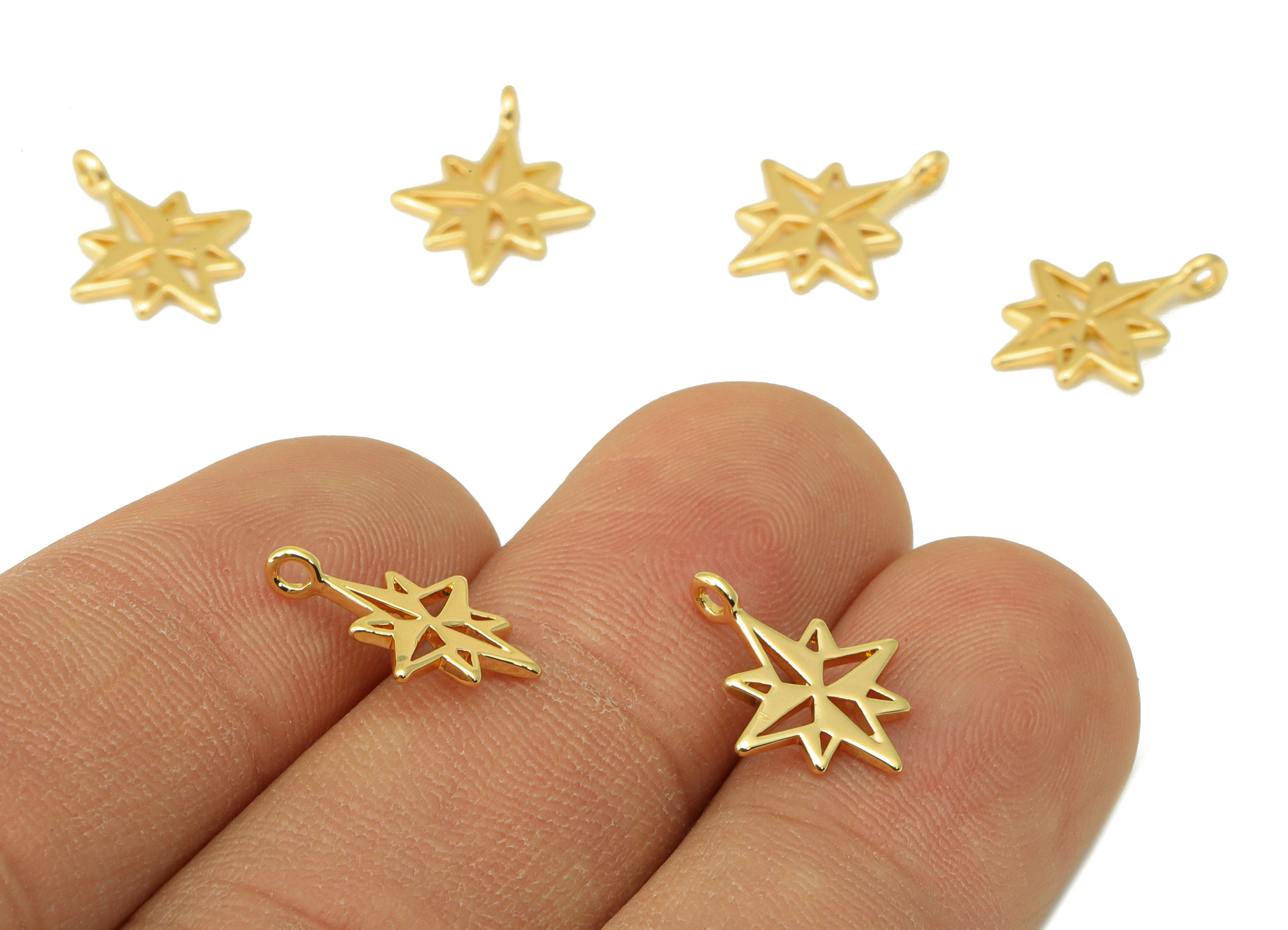Brass Star Earring Charm - Brass North Star Earring Charms - Mini Hollow Pendant - for Necklace - 18K Real Gold Plated -14x11x0.89mm-RGP6623 - DOMEDBAZAAR