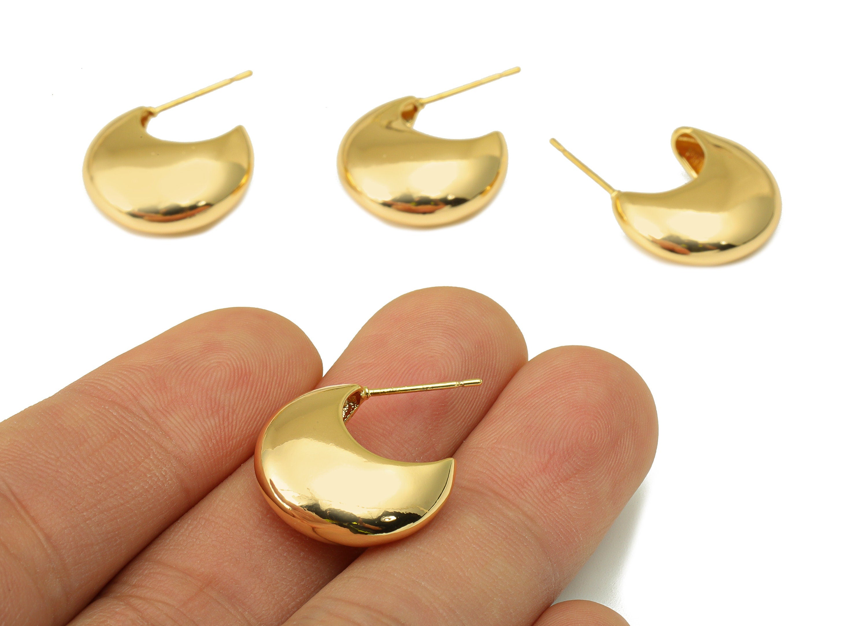 Brass Crescent Earring Stud - Brass Thick Moon Earring Post - Hollow Moon Earring Post - 18k Real Gold plated -28x18.68x1.19mm-RGP6648 - DOMEDBAZAAR