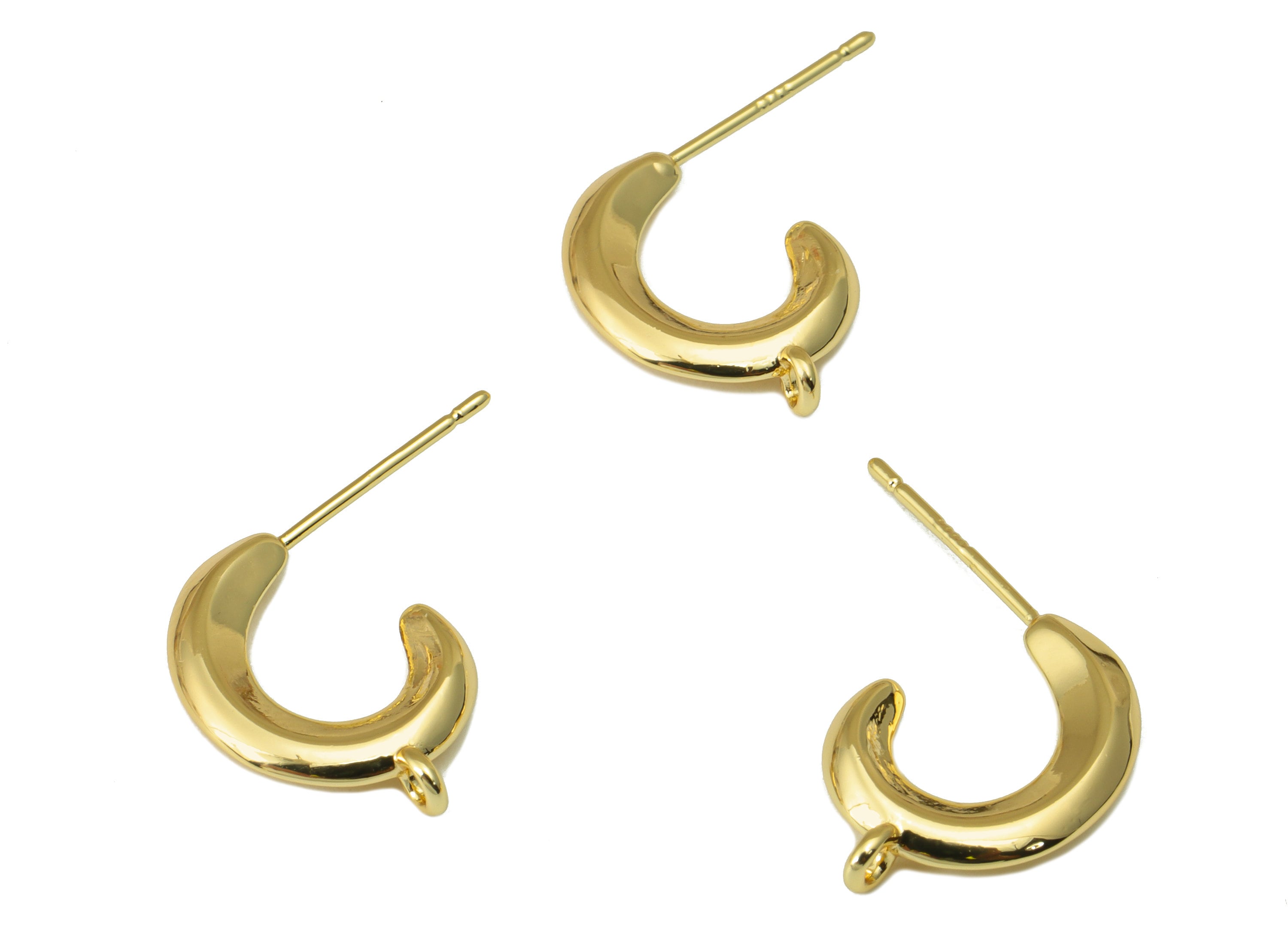 Brass Crescent Earring Stud - Brass Gold Moon Earring Post - Brass Moon Earring Post with Loop - 18k Real Gold plated - 20x17x3mm-RGP6588 - DOMEDBAZAAR