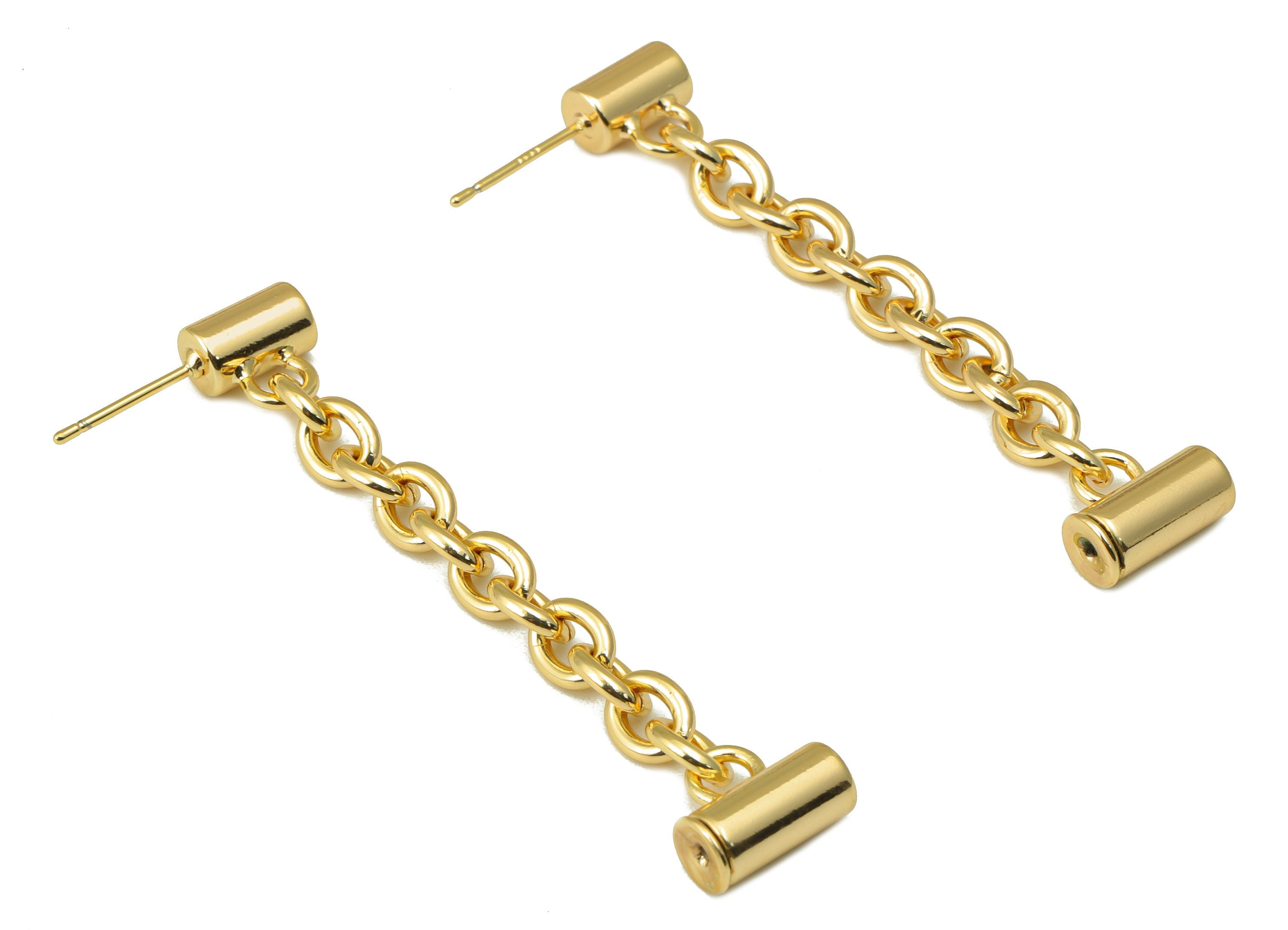 Brass Cylinder Earring Stud - Brass Cable Chain Dangle Earring - Brass Hanging Chain Earring Post - 18k Real Gold plated - 57x11x1mm-RGP6590 - DOMEDBAZAAR