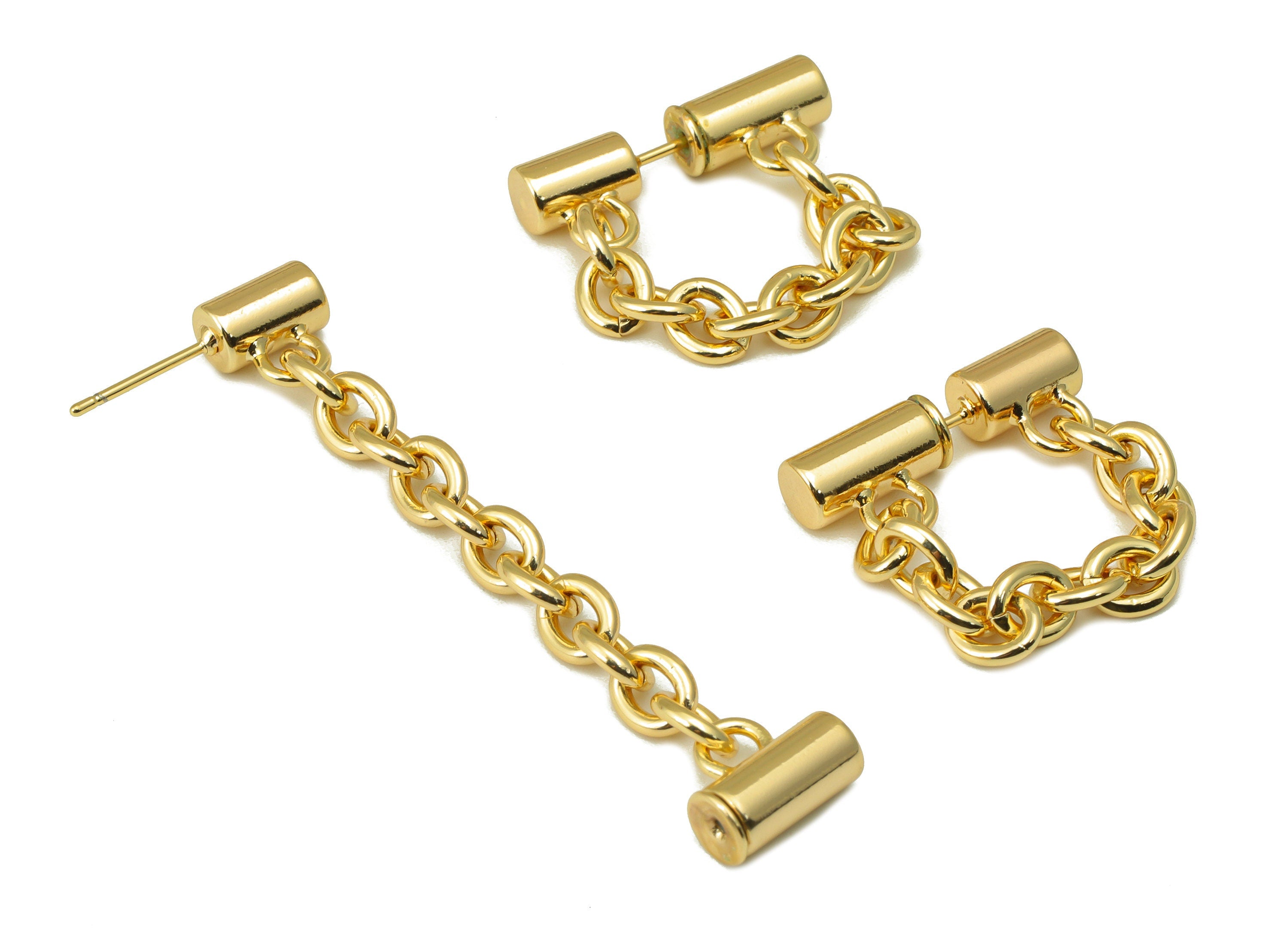 Brass Cylinder Earring Stud - Brass Cable Chain Dangle Earring - Brass Hanging Chain Earring Post - 18k Real Gold plated - 57x11x1mm-RGP6590 - DOMEDBAZAAR
