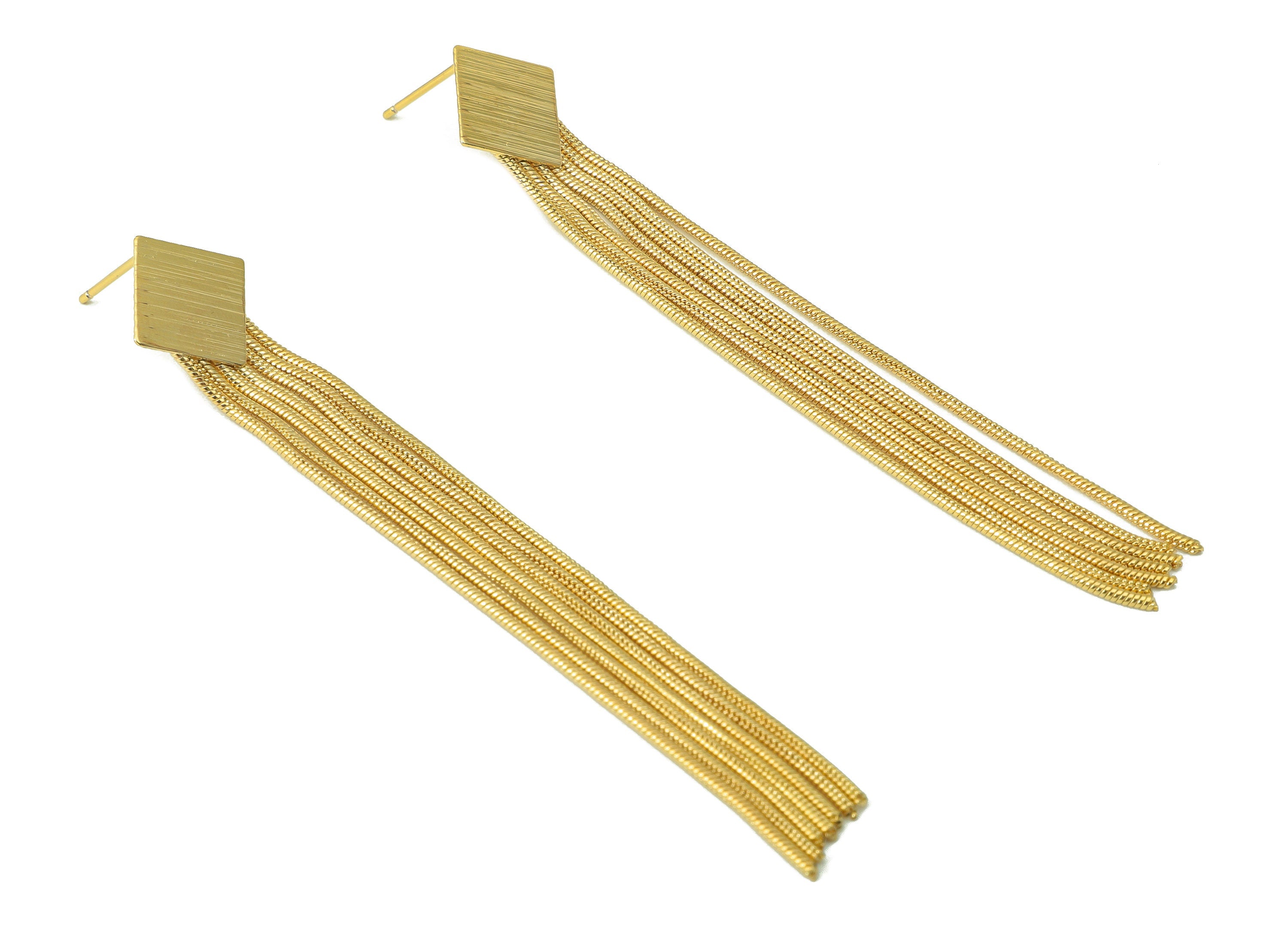 Brass Square Earring Stud - Brass Snake Chain Dangle Earring - Hanging Chain Earring Post - 18k Real Gold plated - 83x13.74x 0.37mm-RGP6636 - DOMEDBAZAAR
