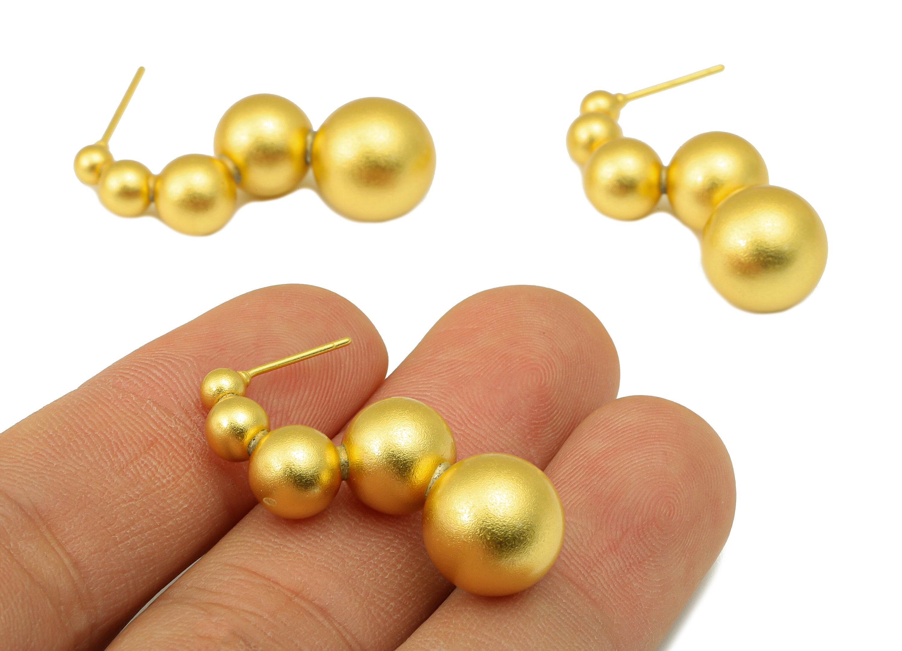 Brass Ball Earring Stud - Brass Textured Bead Earring Post - Matte Gold Frosted Earring Post - 18k Real Gold plated - 34x14x12mm - RGP6629 - DOMEDBAZAAR