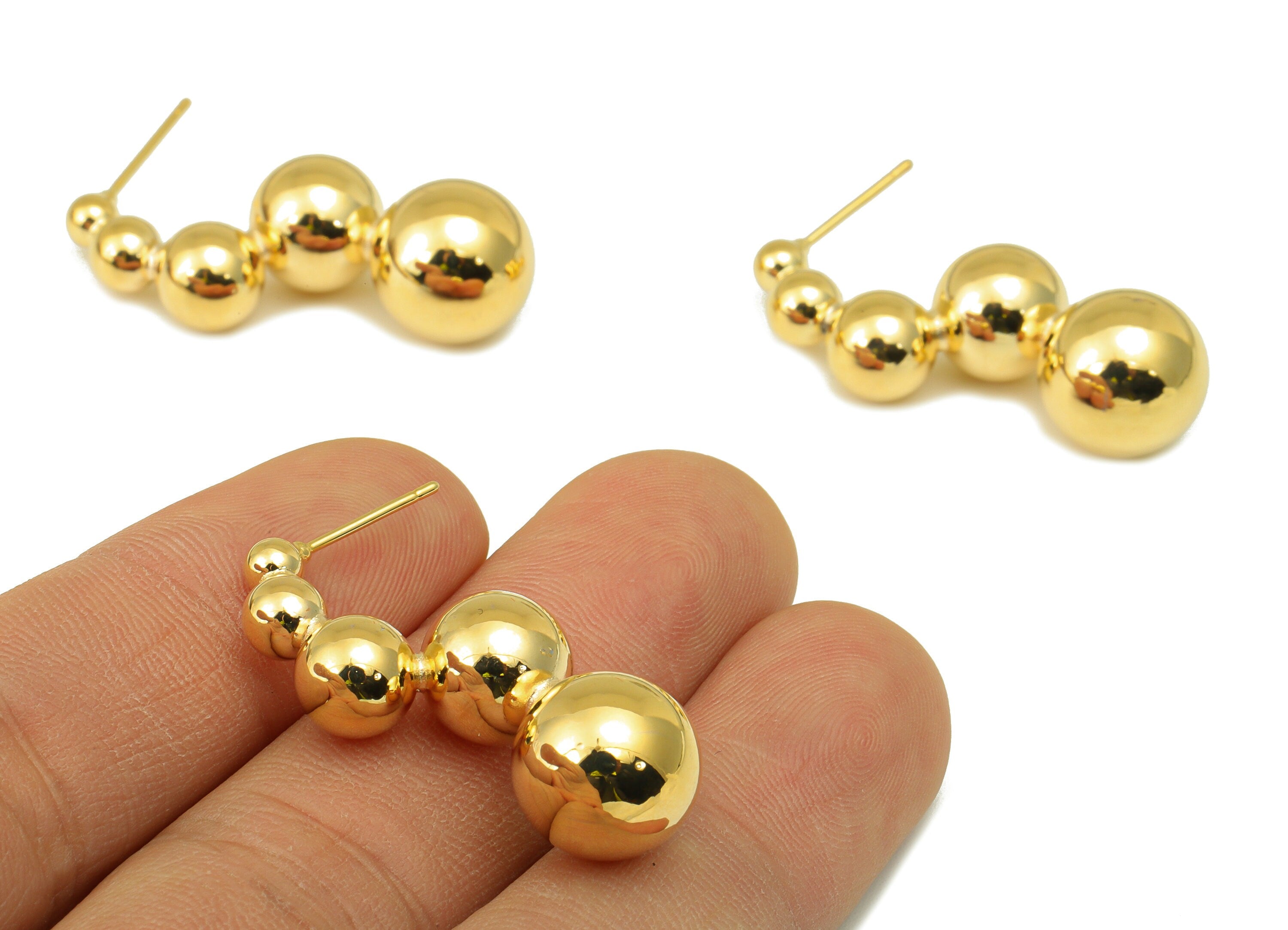 Brass Ball Earring Stud - Brass Textured Bead Earring Post - Brass Bright Surface Earring Post - 18k Real Gold plated -34x14x12mm-RGP6628 - DOMEDBAZAAR