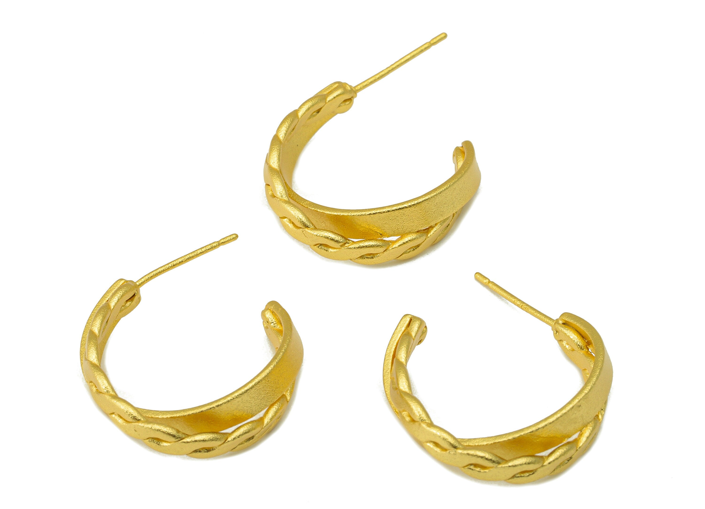 Brass Open Hoop Earring Stud - Brass Textured Chain Earring Post - Braid Hoop  Earring Post - 18k Real Gold plated -26x20x3mm-RGP6630 - DOMEDBAZAAR