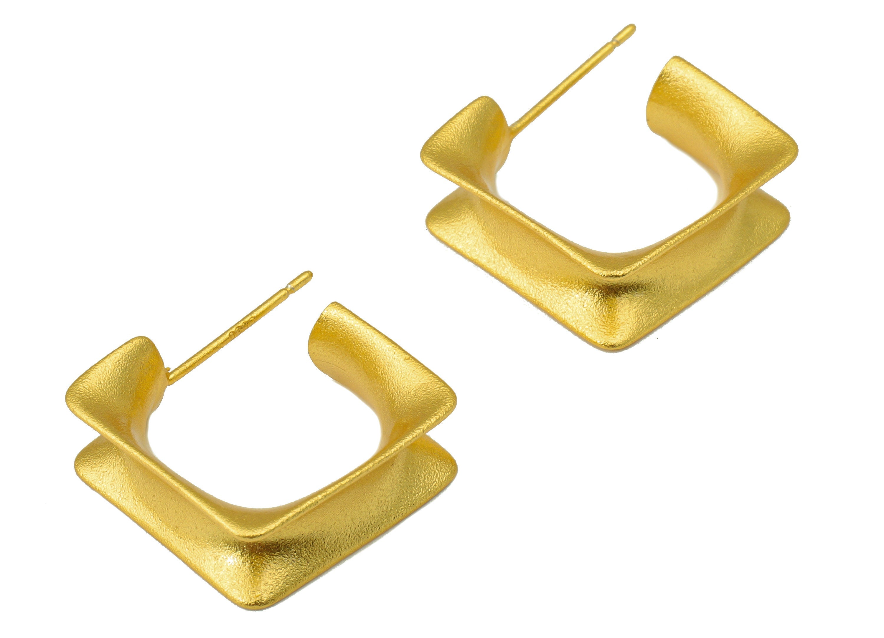 Brass Hoop Square Earring Stud - Brass Cubic Notch Square Earring Post - Frosted Surface - 18k Real Gold plated -18x17x1mm-RGP6632 - DOMEDBAZAAR