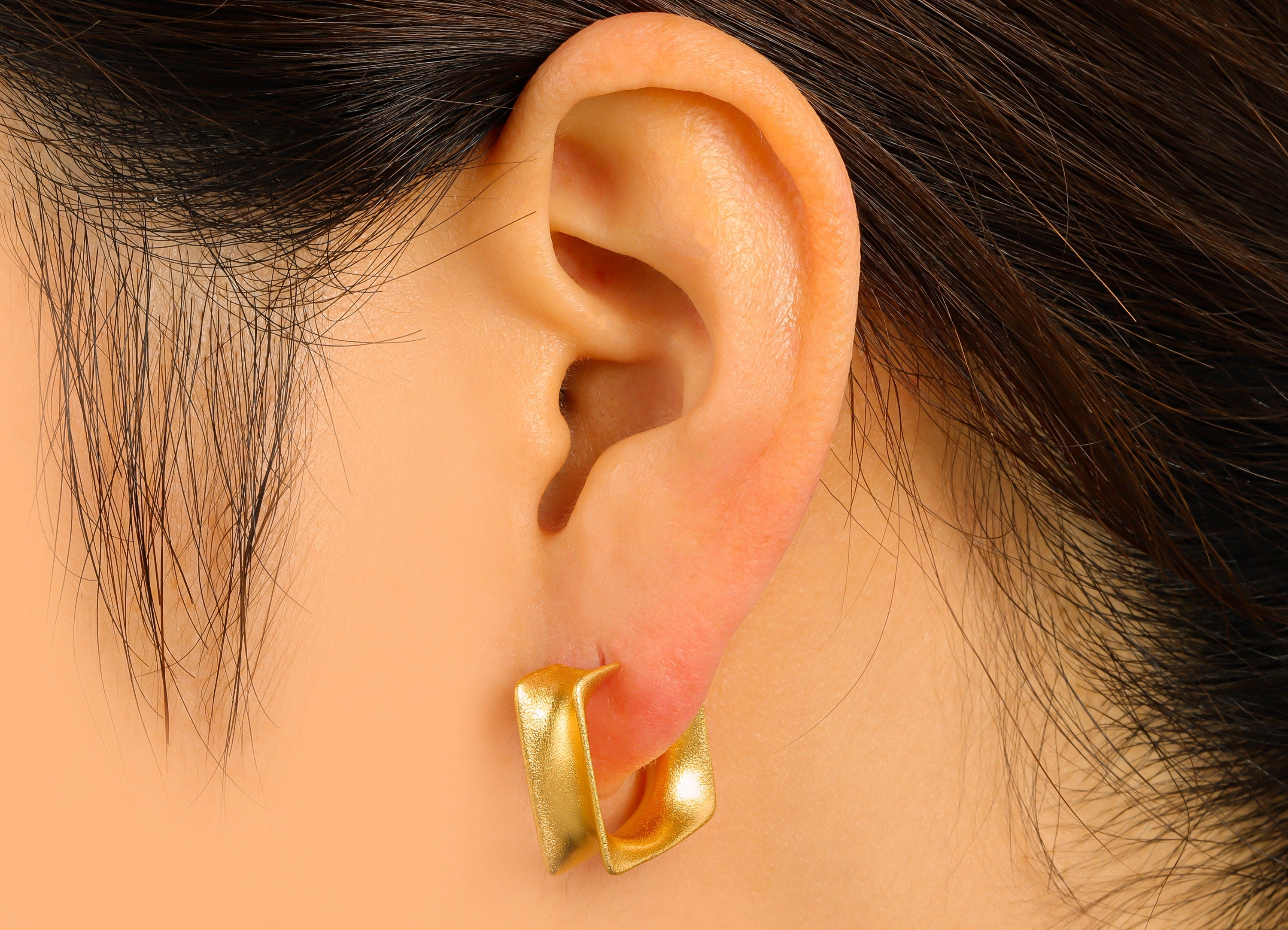 Brass Hoop Square Earring Stud - Brass Cubic Notch Square Earring Post - Frosted Surface - 18k Real Gold plated -18x17x1mm-RGP6632 - DOMEDBAZAAR