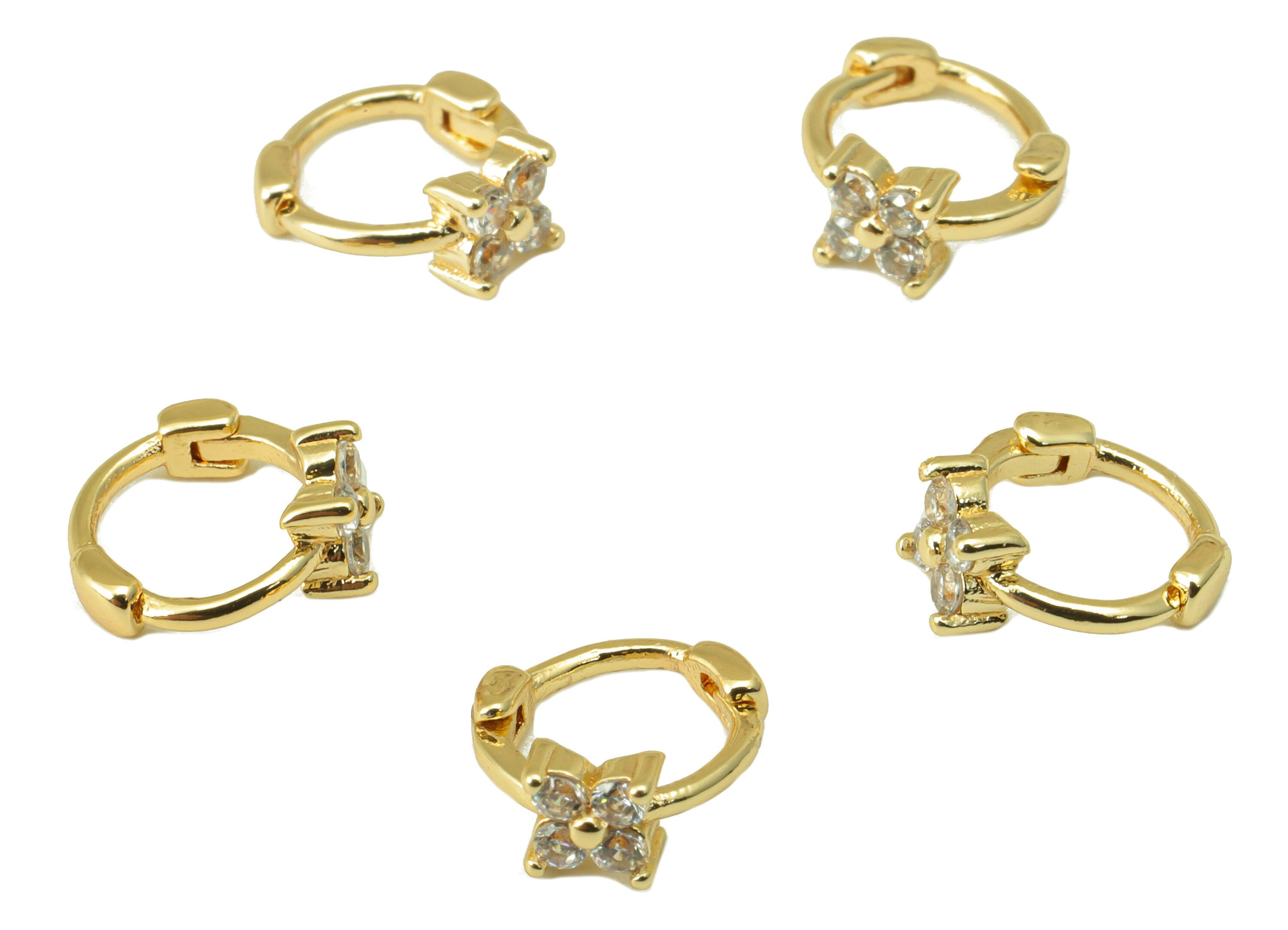 Brass Flower Earring Clasp - Brass Four-Leaf Clover Huggie Hoop Clasp -Brass Cubic Zirconia Clasp - 18K Real Gold Plated -8x8x2mm- RGP6605 - DOMEDBAZAAR