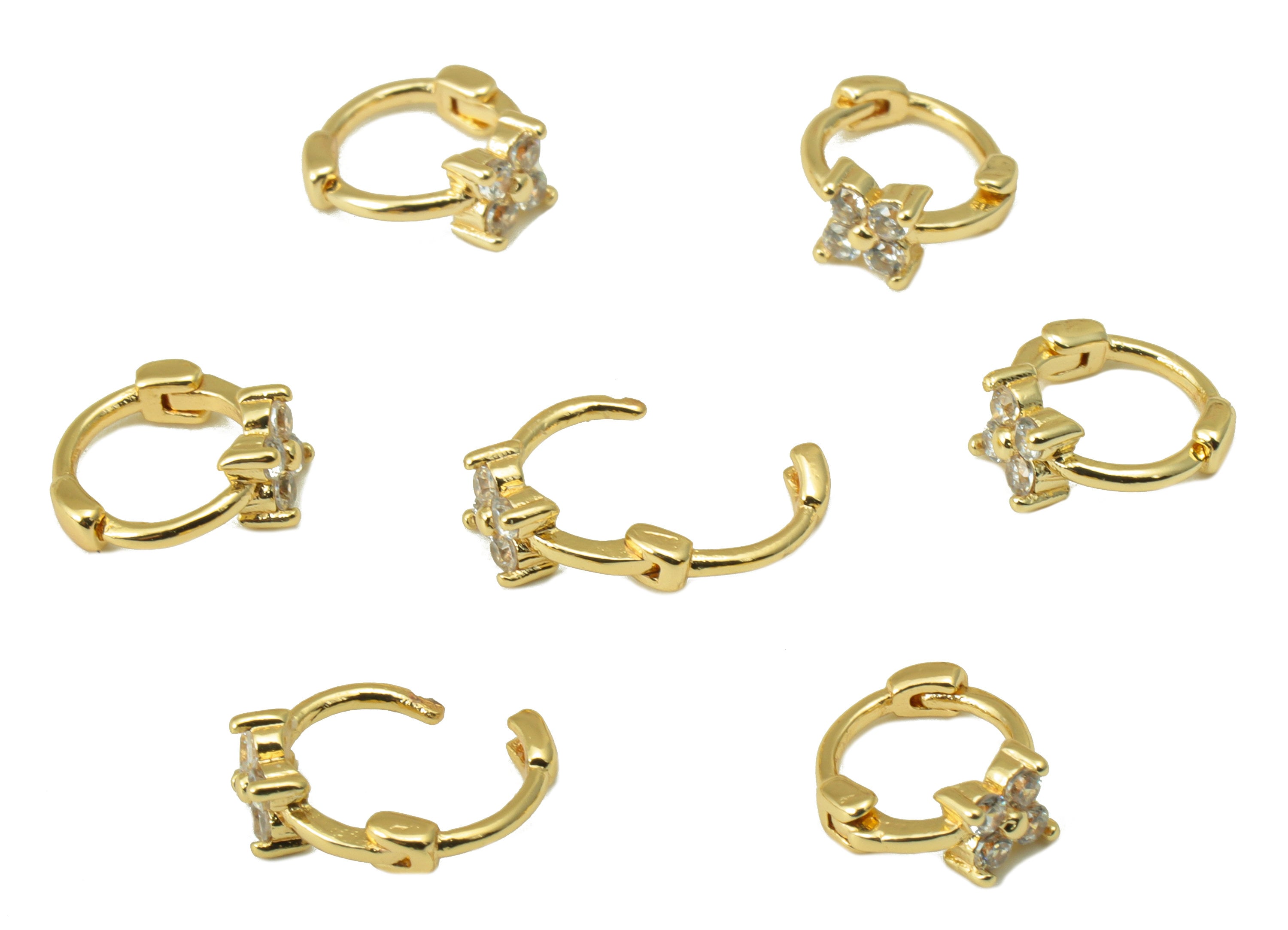 Brass Flower Earring Clasp - Brass Four-Leaf Clover Huggie Hoop Clasp -Brass Cubic Zirconia Clasp - 18K Real Gold Plated -8x8x2mm- RGP6605 - DOMEDBAZAAR