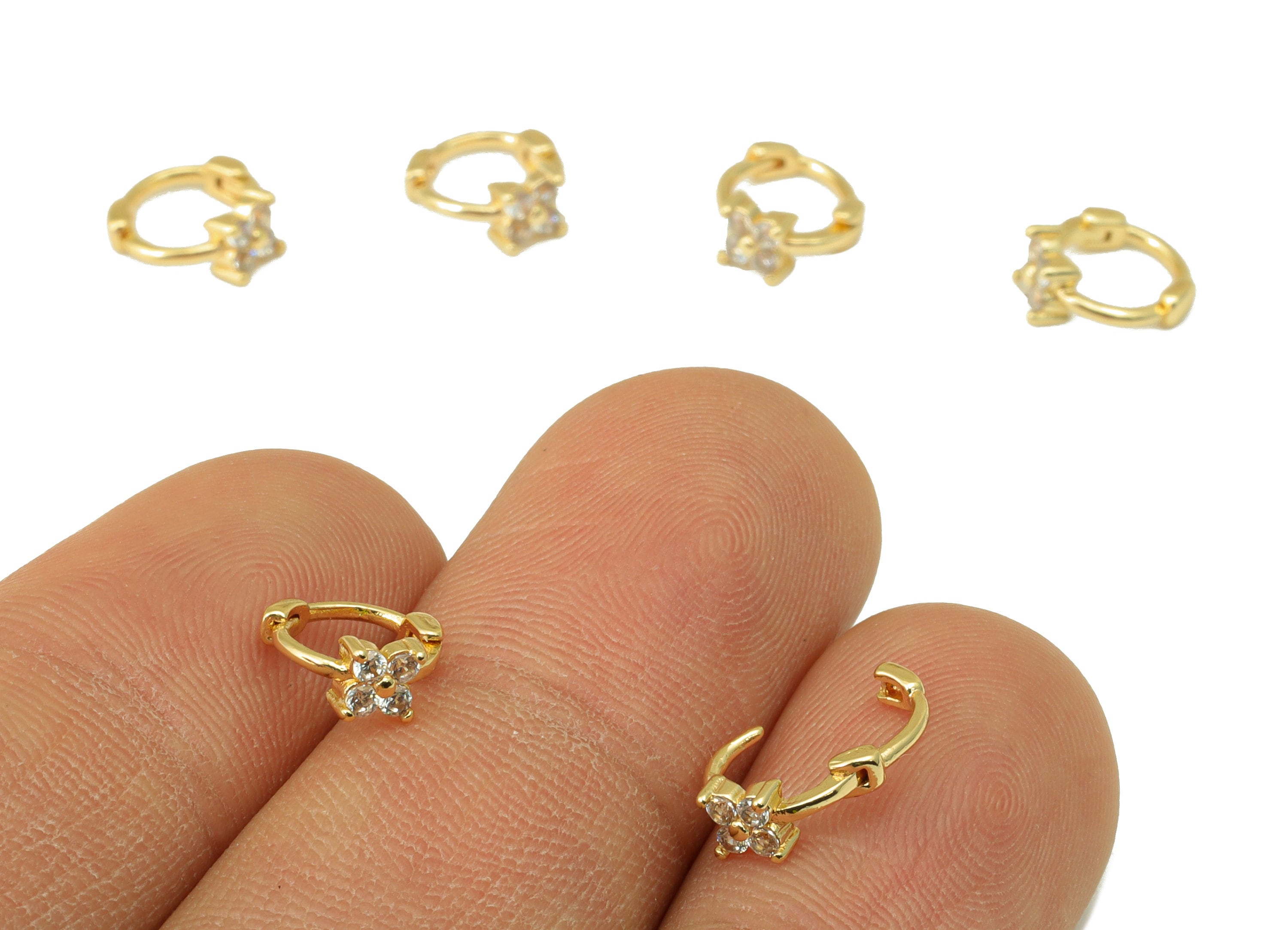 Brass Flower Earring Clasp - Brass Four-Leaf Clover Huggie Hoop Clasp -Brass Cubic Zirconia Clasp - 18K Real Gold Plated -8x8x2mm- RGP6605 - DOMEDBAZAAR