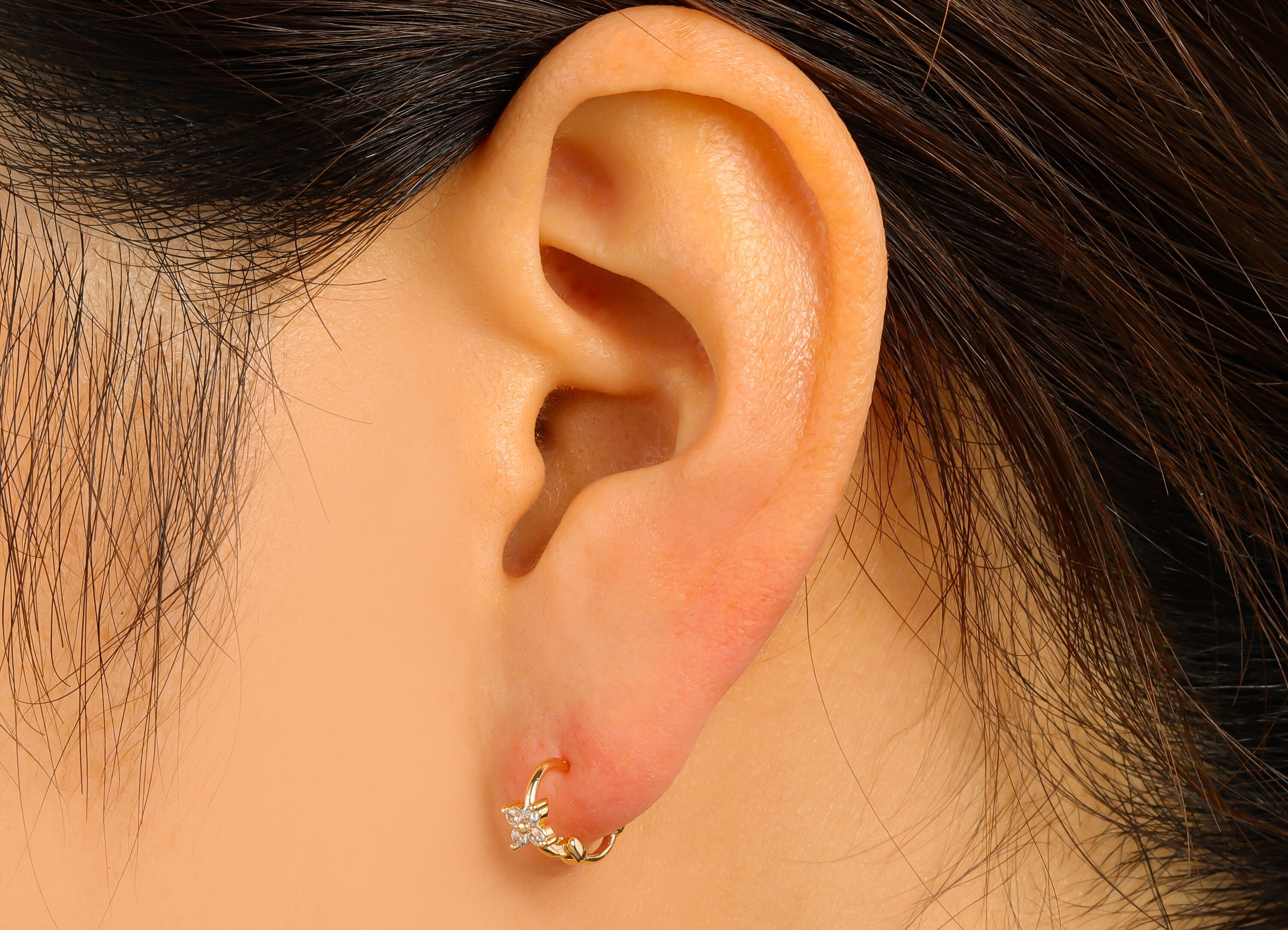 Brass Flower Earring Clasp - Brass Four-Leaf Clover Huggie Hoop Clasp -Brass Cubic Zirconia Clasp - 18K Real Gold Plated -8x8x2mm- RGP6605 - DOMEDBAZAAR