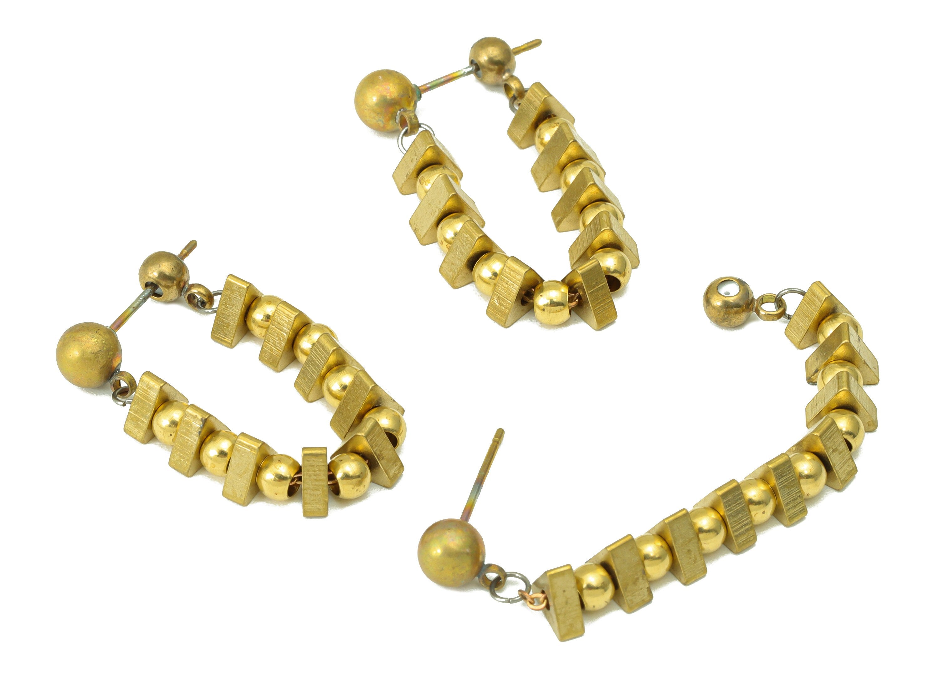 Brass Round beads Earring Post - Brass Triangle Bead Chain Earring Stud - Hanging Beads Earring -Dangle Earring Post - 56.67x5.3x2mm- PP8537 - DOMEDBAZAAR