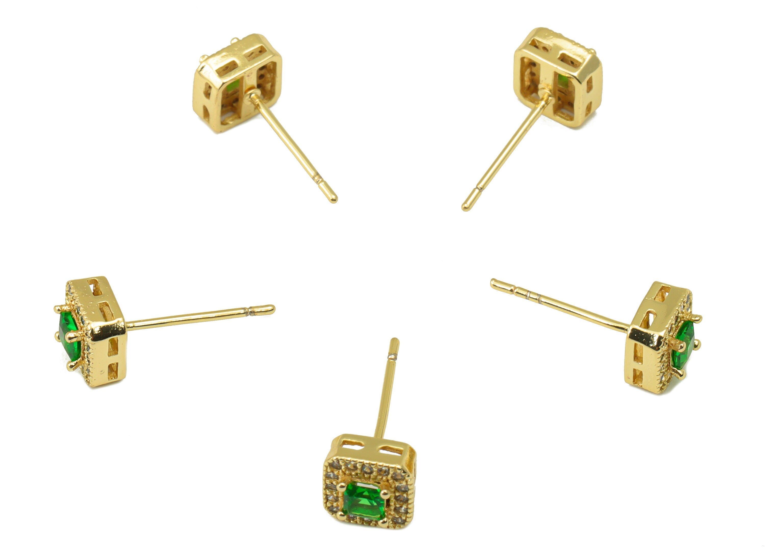 Brass Cube Earring Stud - Brass Cubic Zirconia Earring Post- Mini Square Green Cube CZ Earring Post - 18k Real Gold plated - 7x7x4mm-RGP6490 - DOMEDBAZAAR