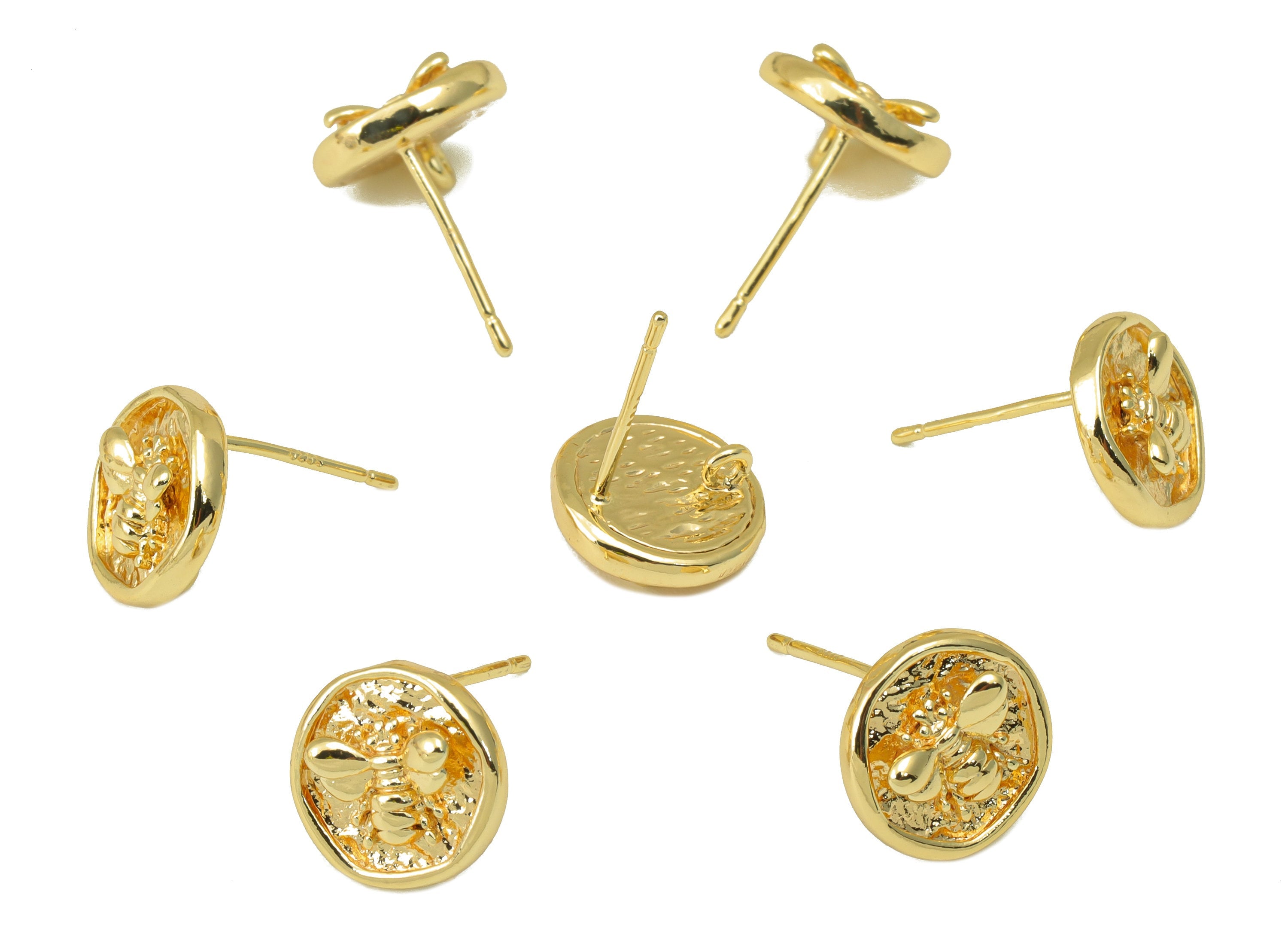 Brass Round Earring Stud - Brass Bee Hammered Post - Cubic Bee Earring Post- Insect Earring Post -18K Real Gold Plated -10x10.5x3mm-RGP6519 - DOMEDBAZAAR