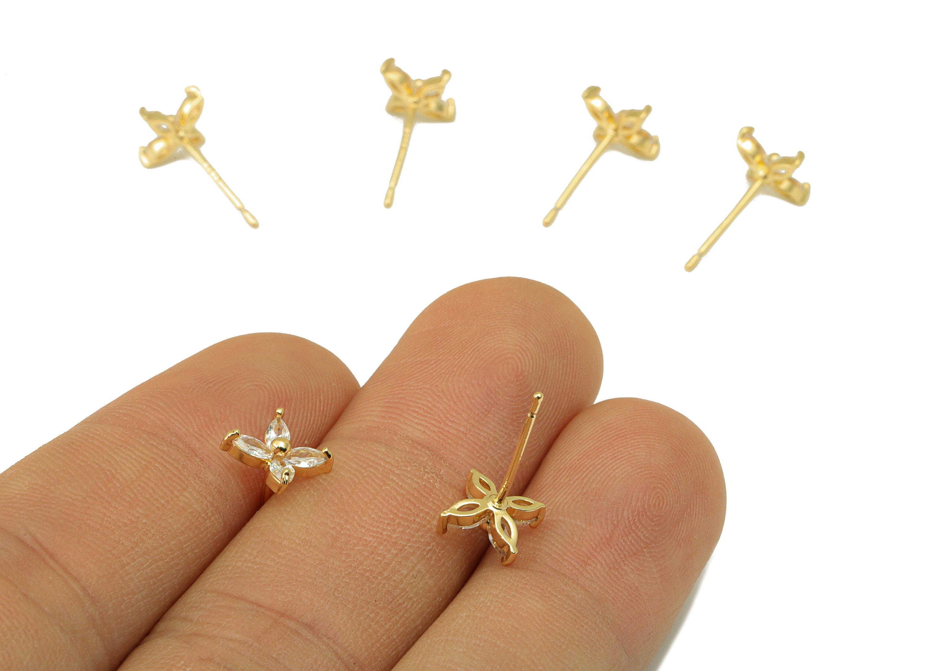 Brass Flower Earring Stud - Brass CZ Marquise Post - Cubic Zircon Earring Post - Earring Post -18K Real Gold Plated -7.23x7.2x1.64mm-RGP6520 - DOMEDBAZAAR