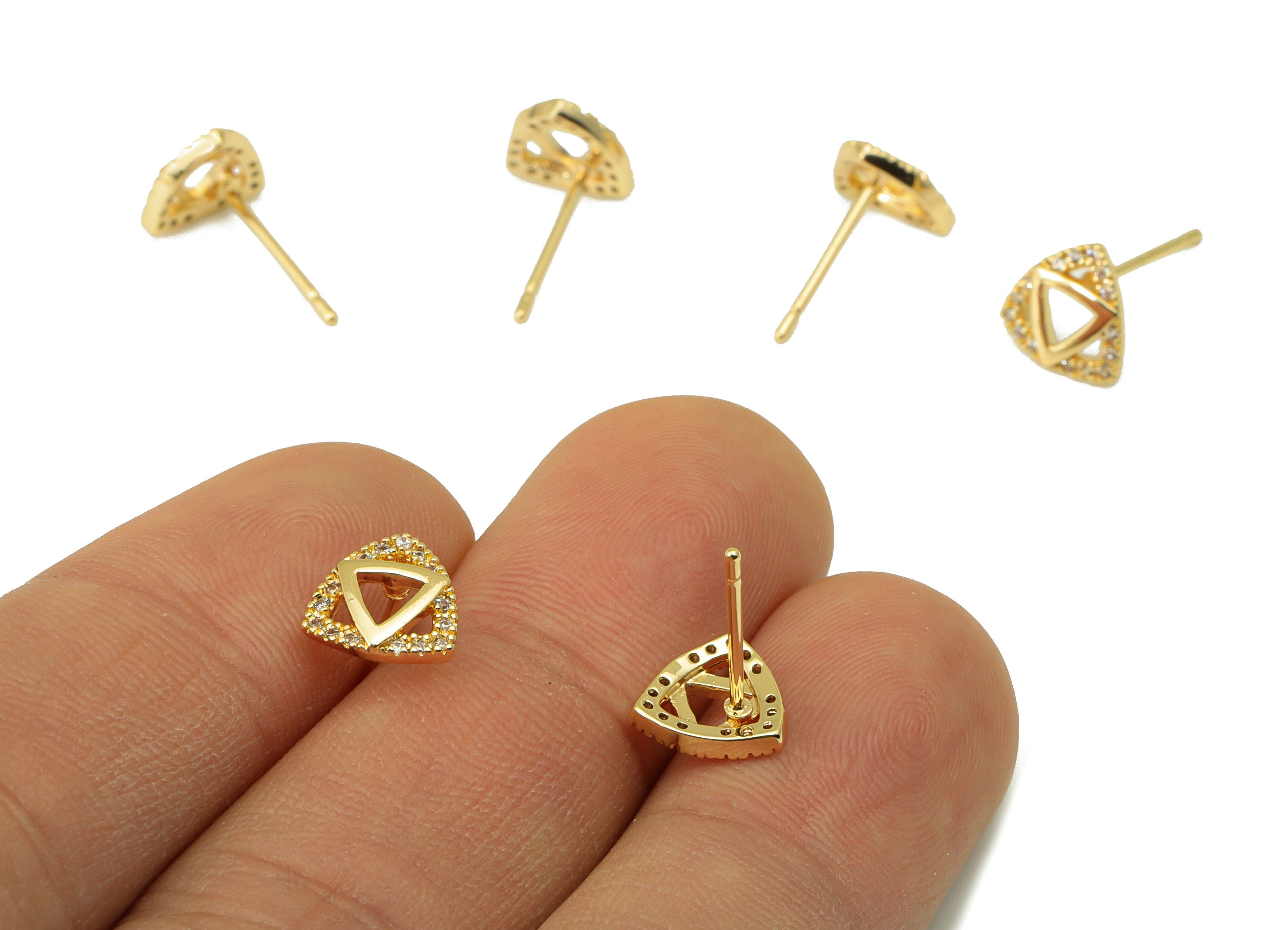 Brass Triangle Earring Stud - Brass CZ Geometry Post - Cubic Zircon Earring Post - Earring Post -18K Real Gold Plated -8.4x8x1.92mm-RGP6491 - DOMEDBAZAAR
