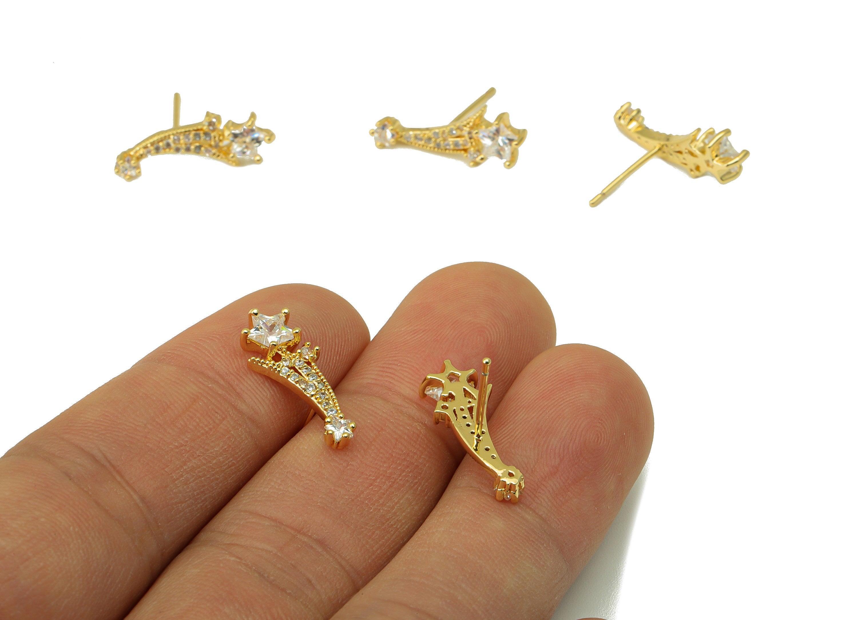 Brass Falling Star Earring Stud - Brass CZ Meteor Post - Cubic Zircon Post - Shooting Star Earring -18K Real Gold Plated -19x7x3mm-RGP6482 - DOMEDBAZAAR