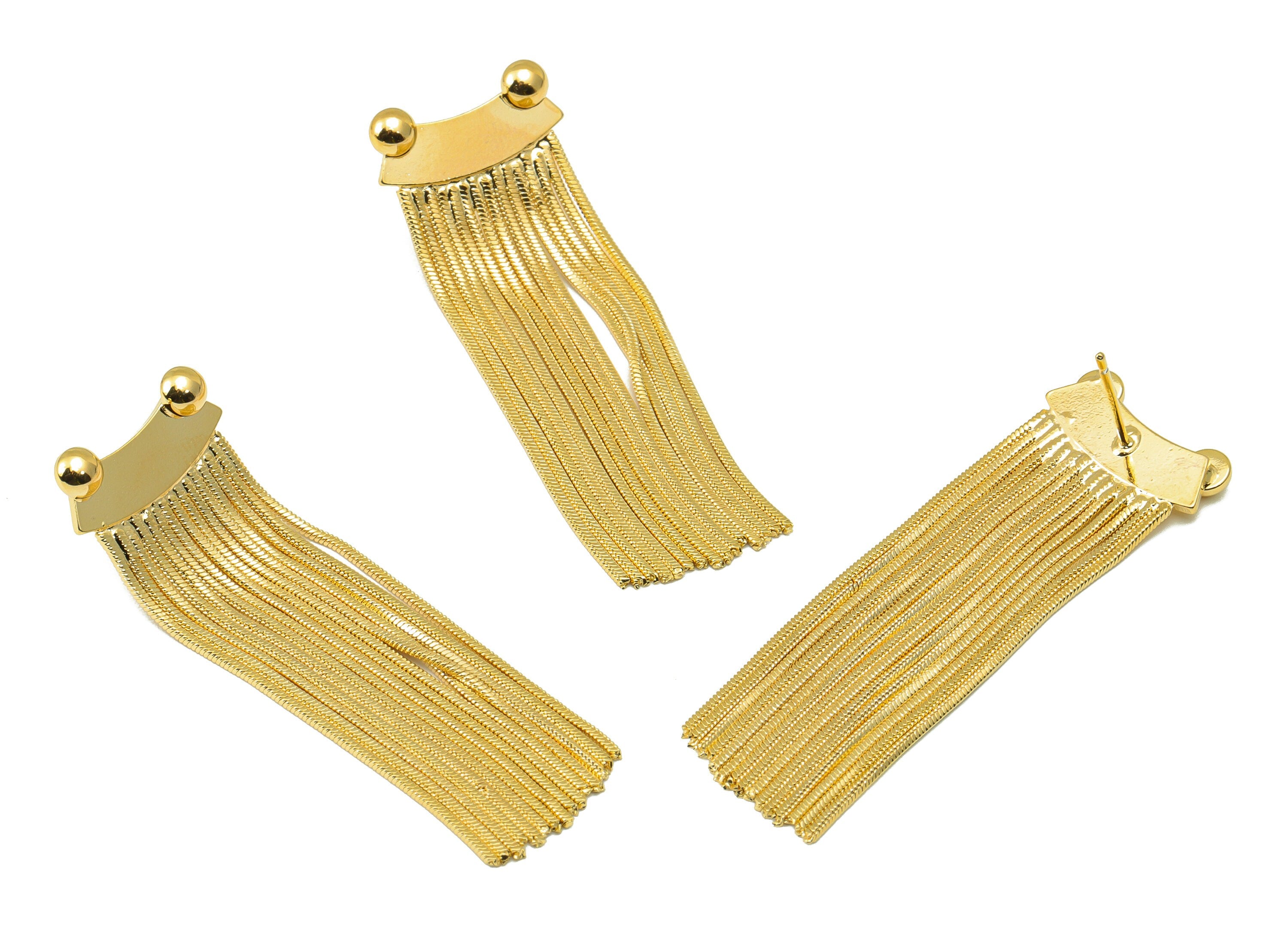 Brass Frog Earring Stud - Tassel Earring Post - Bead Earring Post - Snake Chain Dangle Earring -18K Real Gold Plated - 52x17x1mm - RGP6486 - DOMEDBAZAAR