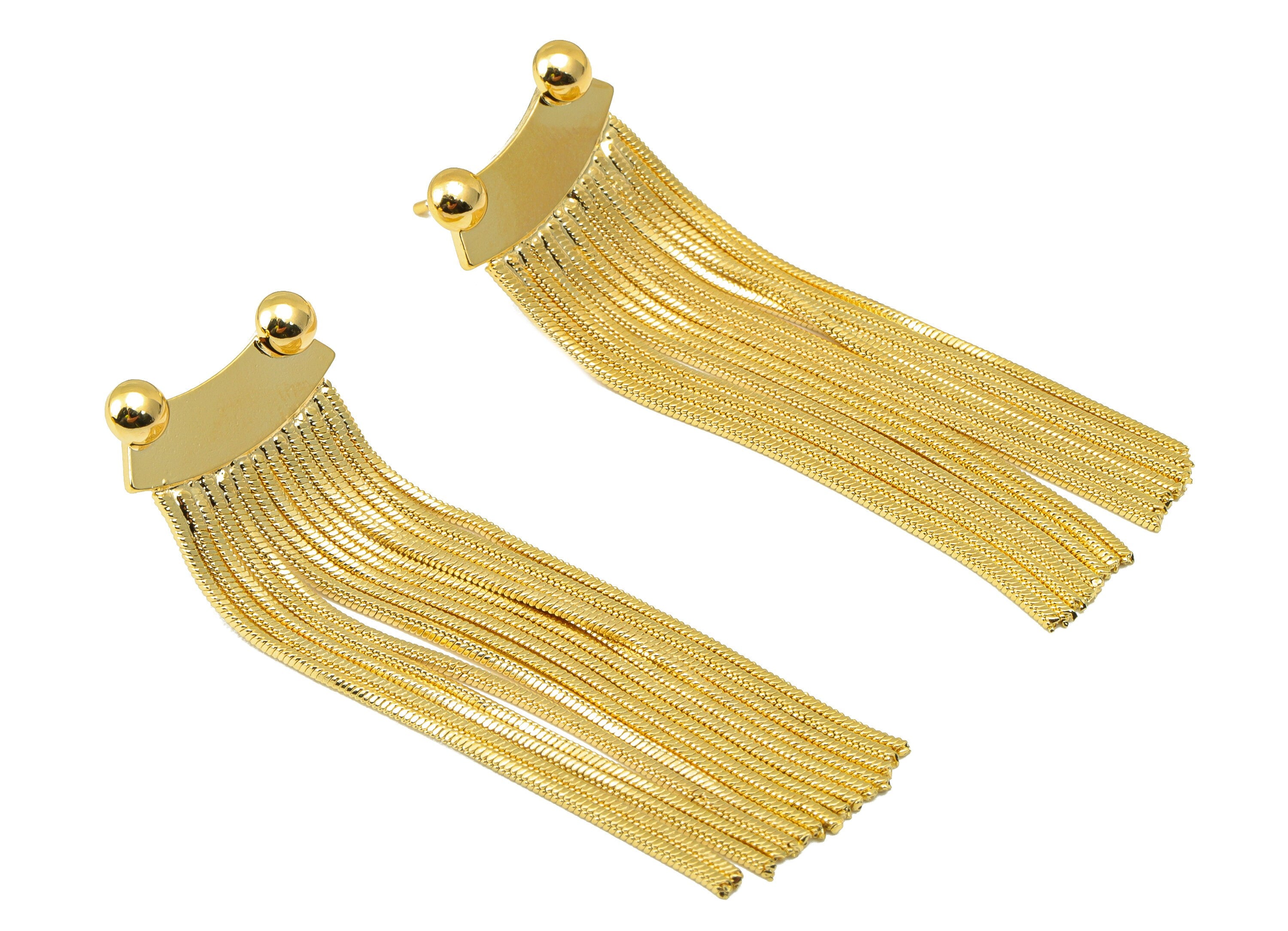 Brass Frog Earring Stud - Tassel Earring Post - Bead Earring Post - Snake Chain Dangle Earring -18K Real Gold Plated - 52x17x1mm - RGP6486 - DOMEDBAZAAR
