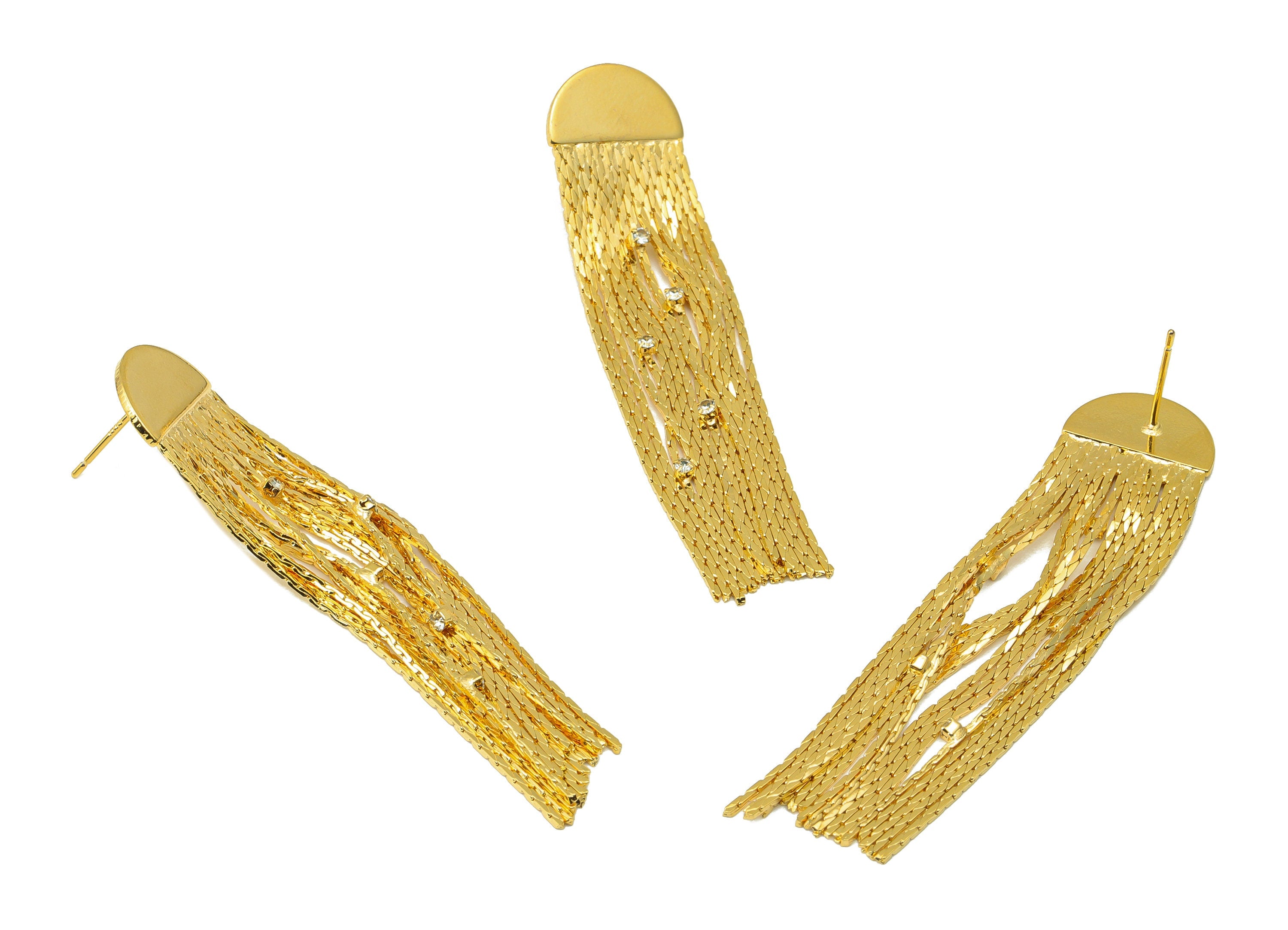 Brass Half Round Earring Stud - Brass Tassel Earring Post - Snake Chain Dangle Earring -18K Real Gold Plated - 63x14x1.05mm- RGP6485 - DOMEDBAZAAR