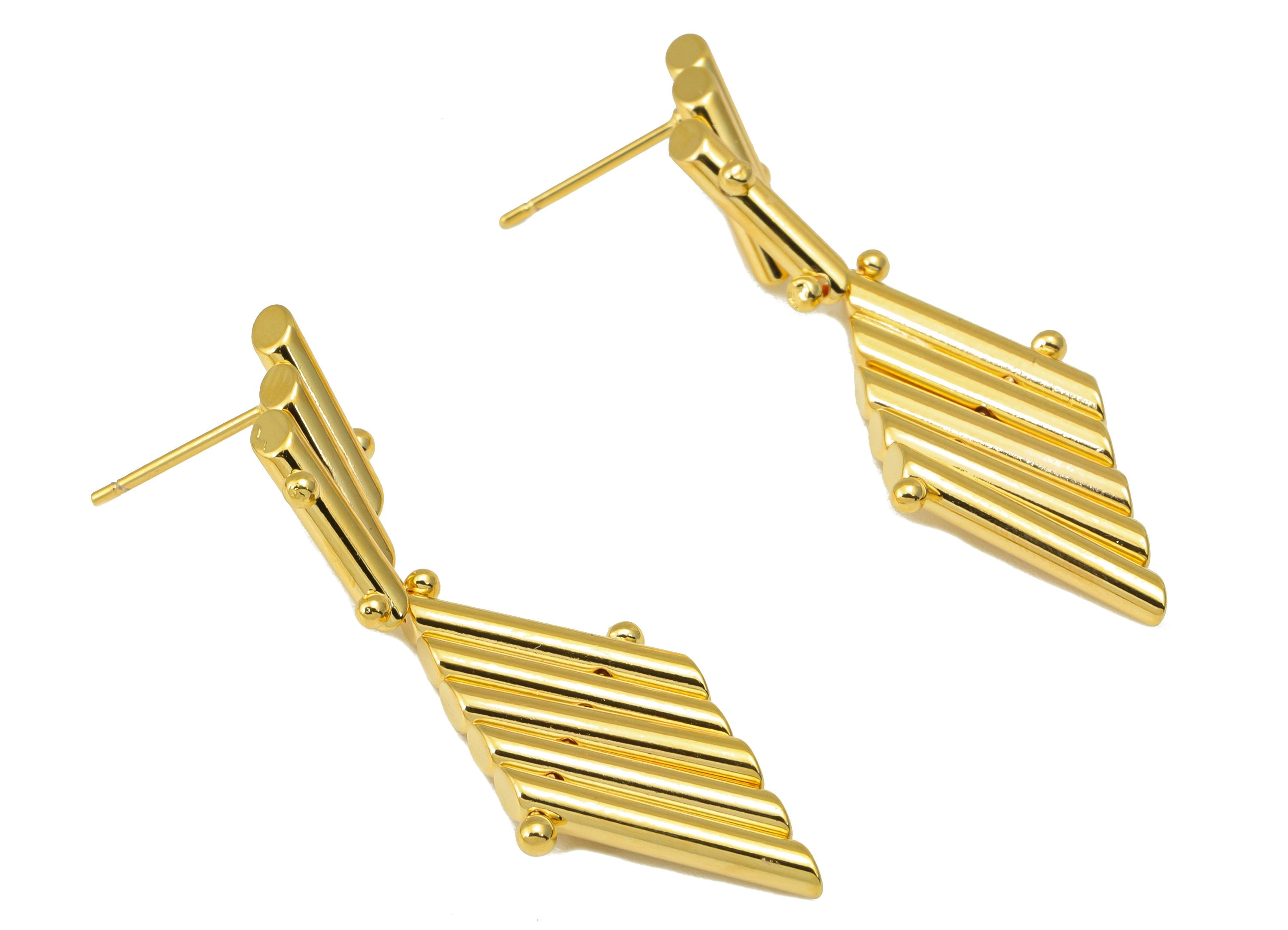 Brass Bar Earring Stud - Brass Long Bar Post - Brass Hanging Pan Flute Dangle Earring Post- 18K Real Gold Plated -39.72x15.54x2.56mm-RGP6542 - DOMEDBAZAAR