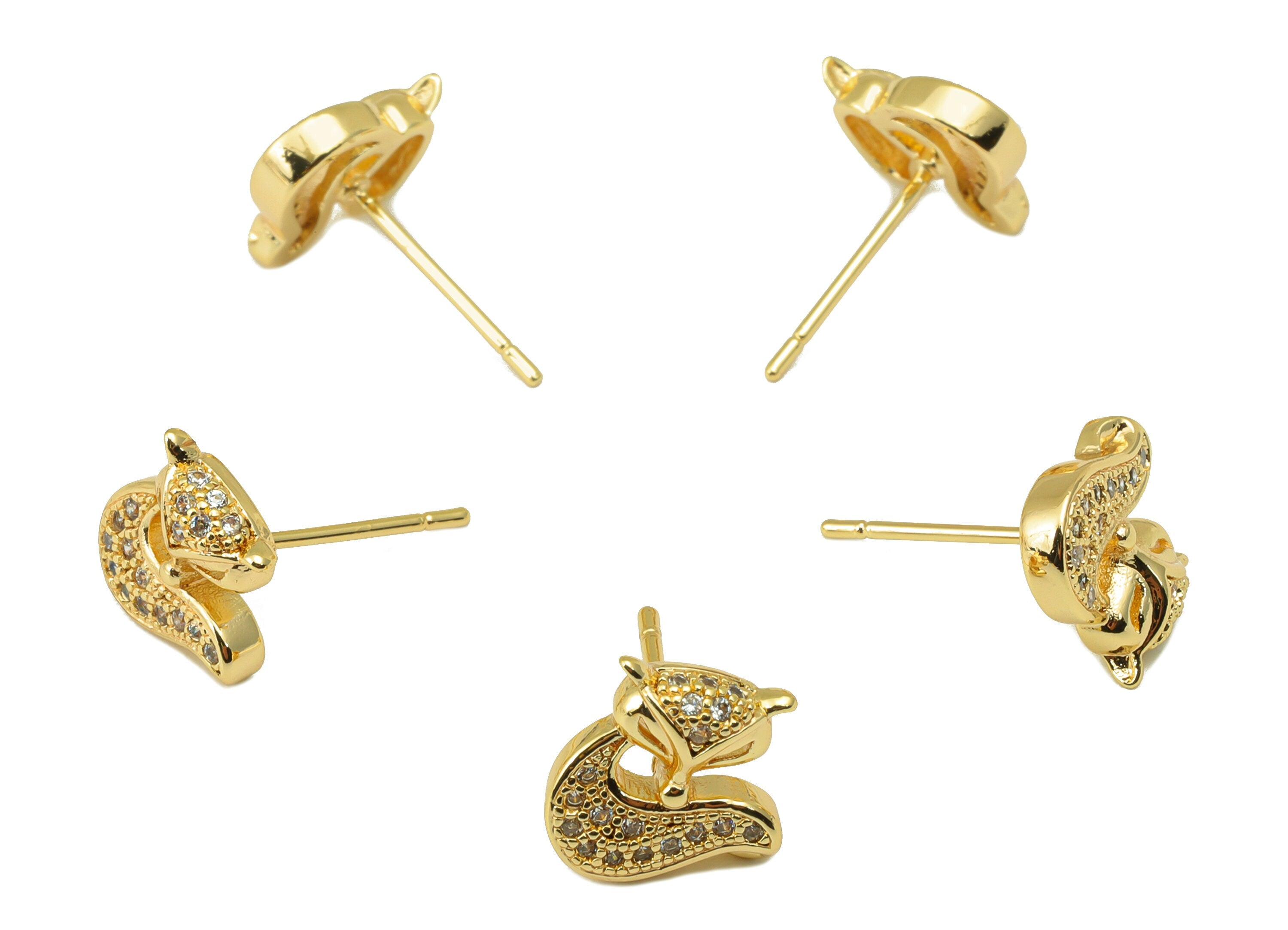 Brass Fox Earring Stud - Brass Snow Fox Cubic Zircon Post - CZ Animal Earring Post- 18K Real Gold Plated - 10.05x9.74x3.21mm-RGP6483 - DOMEDBAZAAR