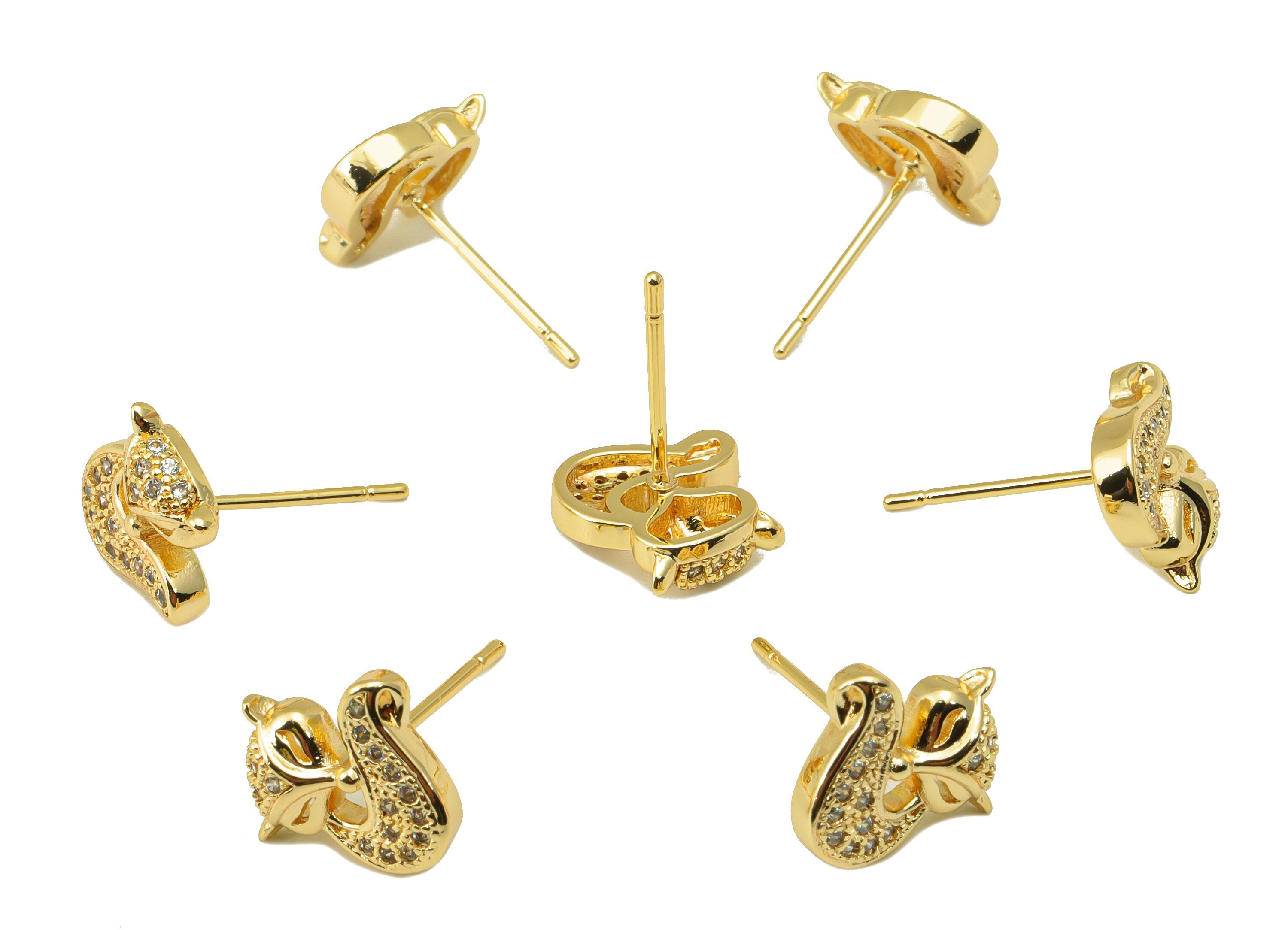 Brass Fox Earring Stud - Brass Snow Fox Cubic Zircon Post - CZ Animal Earring Post- 18K Real Gold Plated - 10.05x9.74x3.21mm-RGP6483 - DOMEDBAZAAR