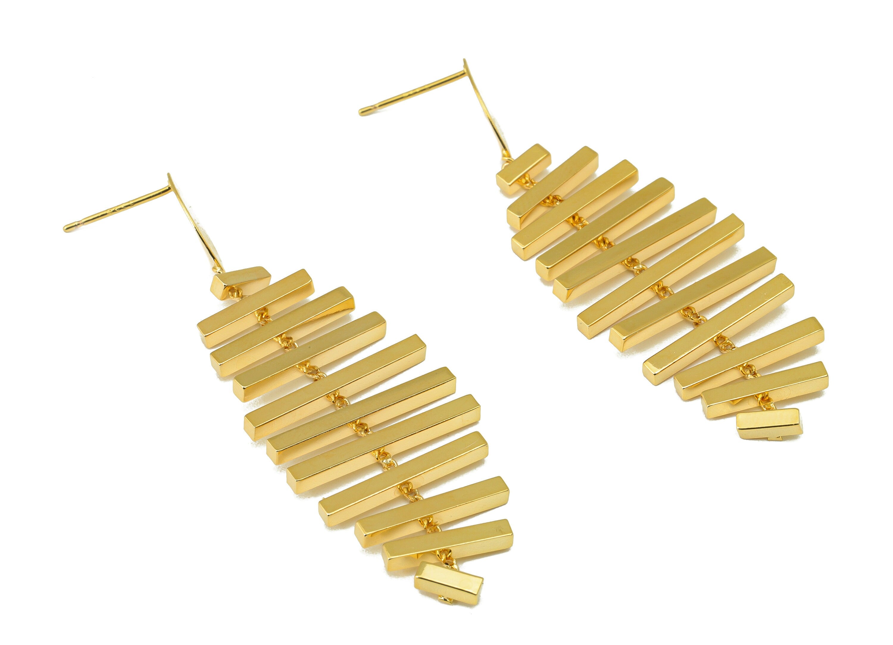 Brass Rectangular Earring Stud - Bar Chain Dangle Earring Post - Marquise Hanging Earring Post - 18K Real Gold Plated - 60x20x2mm-RGP6541 - DOMEDBAZAAR
