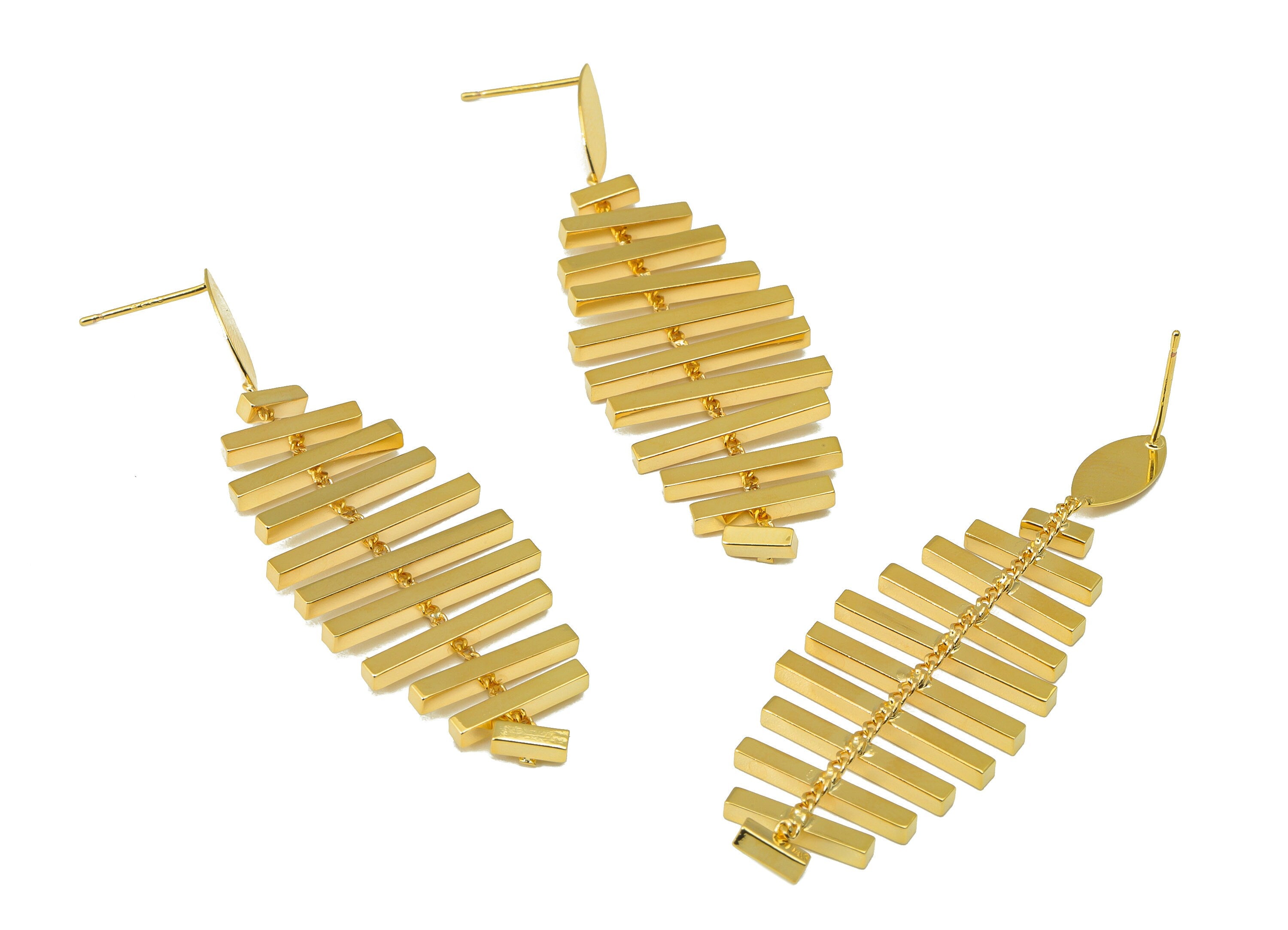 Brass Rectangular Earring Stud - Bar Chain Dangle Earring Post - Marquise Hanging Earring Post - 18K Real Gold Plated - 60x20x2mm-RGP6541 - DOMEDBAZAAR