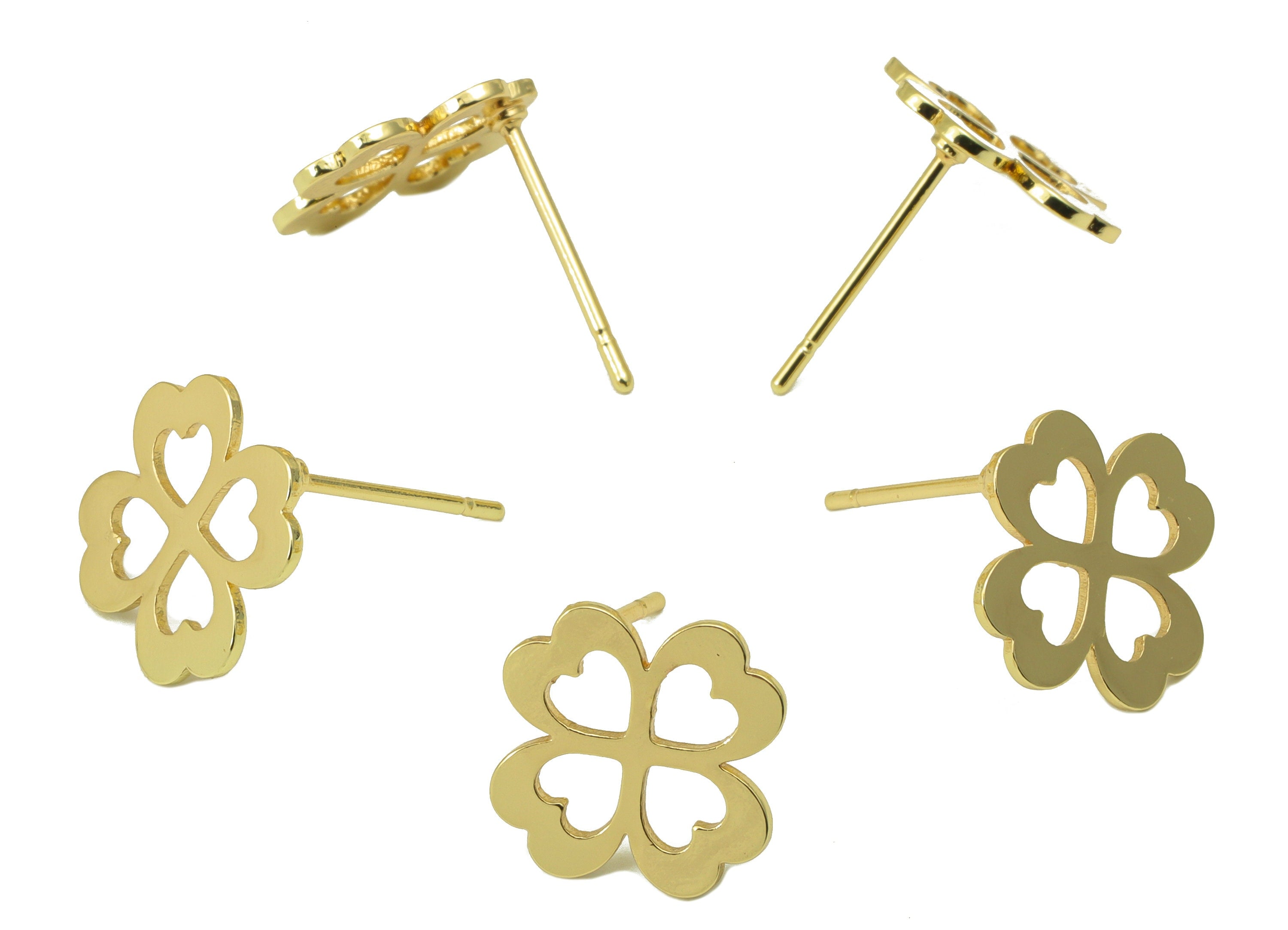 Brass Flower Earring Stud - Brass Heart Earring Post - Botanical Hollow - Gold Clover Earring- 18K Real Gold Plated - 12x12x1mm-RGP6581G - DOMEDBAZAAR