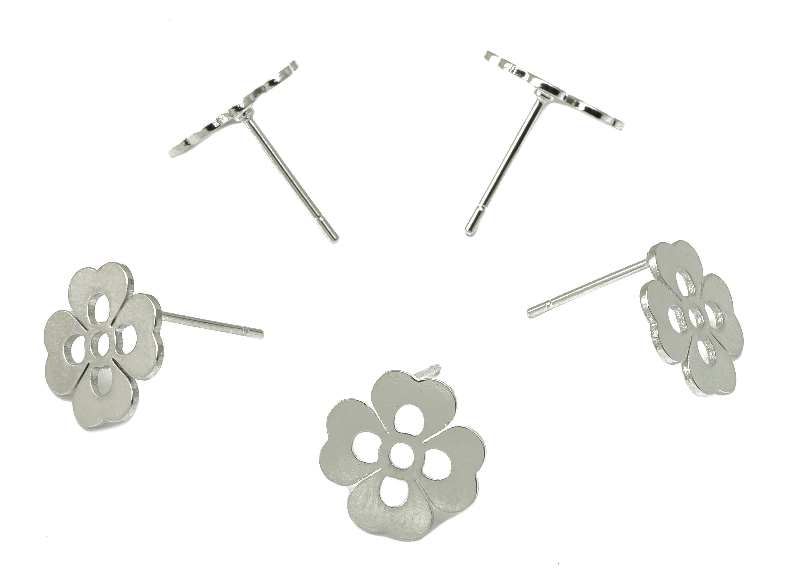 Brass Heart Earring Stud - Brass Flower Earring Post - Silver Clover Earring Post - 18K Real White Gold Plated -11.39x11.39x1mm-RGP6582S - DOMEDBAZAAR