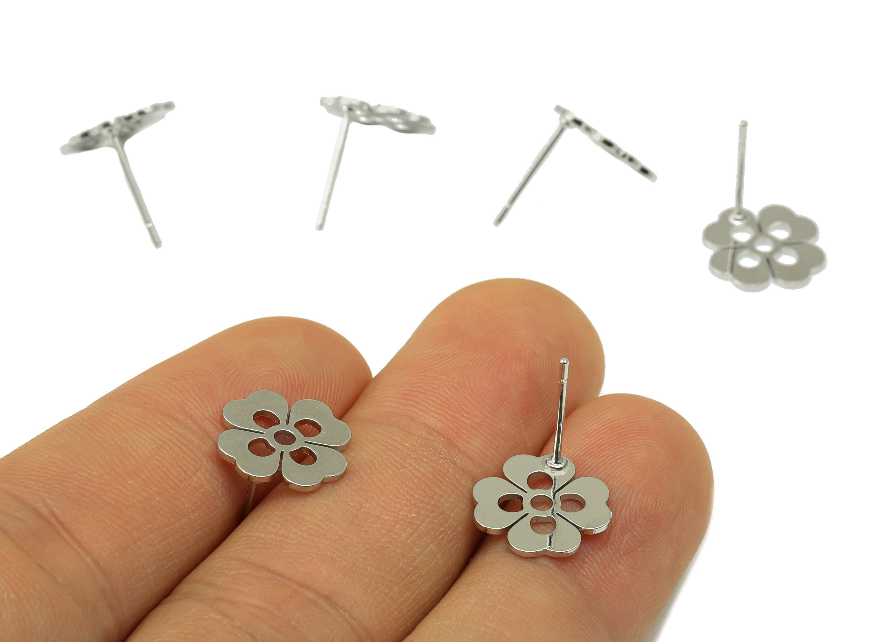 Brass Heart Earring Stud - Brass Flower Earring Post - Silver Clover Earring Post - 18K Real White Gold Plated -11.39x11.39x1mm-RGP6582S - DOMEDBAZAAR