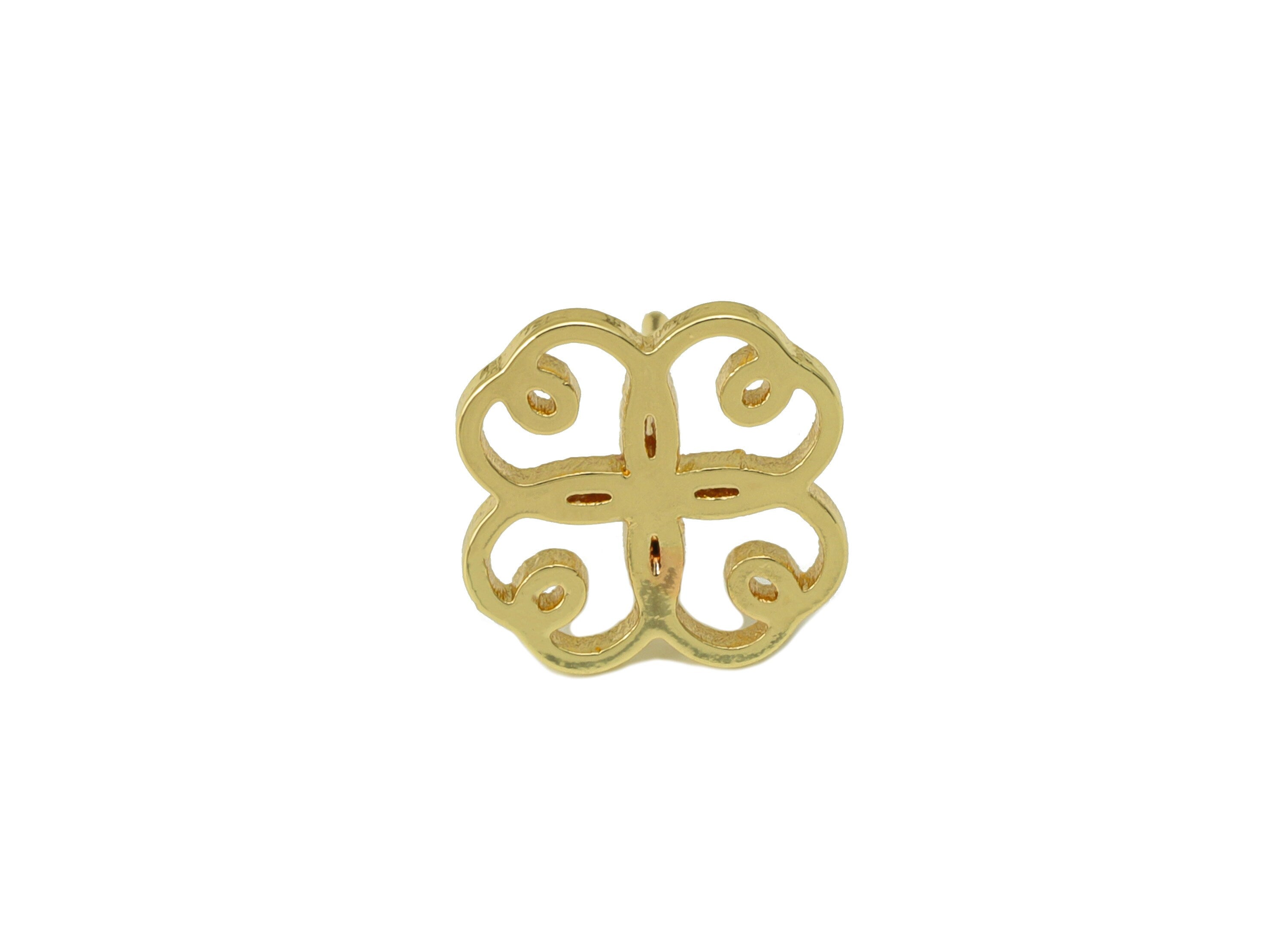Brass Flower Earring Stud - Brass Window Cut Earring Post - Heart Gold Clover Earring Post - 18K Real Gold Plated - 11x11.08x0.95mm-RGP6583G - DOMEDBAZAAR