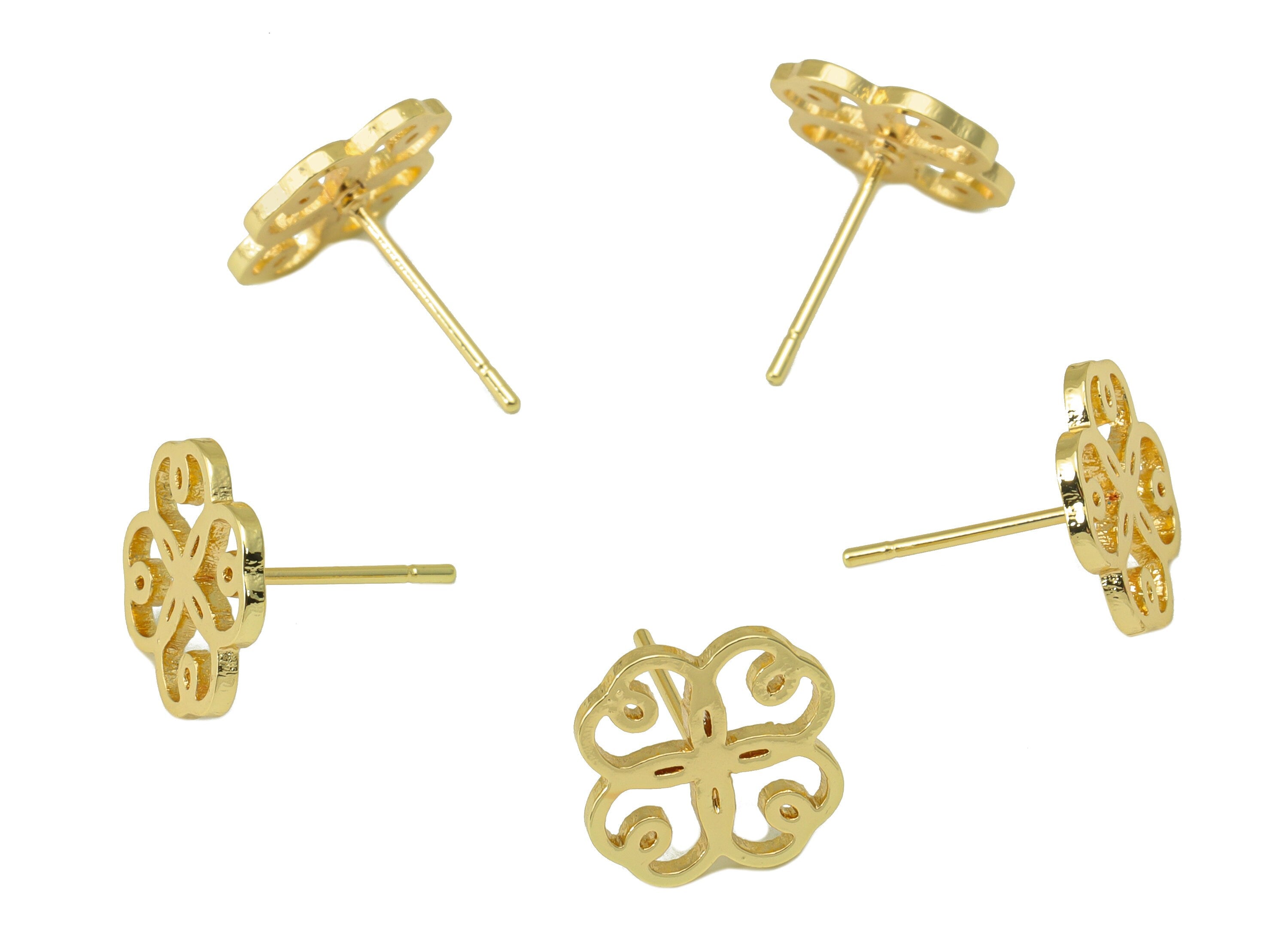 Brass Flower Earring Stud - Brass Window Cut Earring Post - Heart Gold Clover Earring Post - 18K Real Gold Plated - 11x11.08x0.95mm-RGP6583G - DOMEDBAZAAR