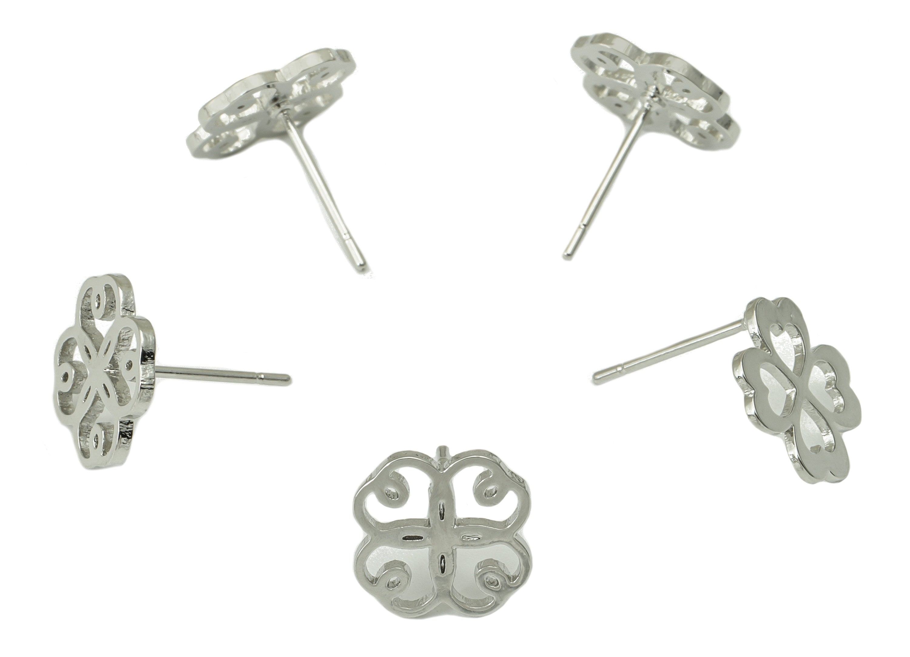 Brass Flower Earring Stud - Brass Window Cut Earring Post - Heart Silver Clover Earring Post -18K Real White Gold Plated- 11x11x1mm-RGP6583S - DOMEDBAZAAR