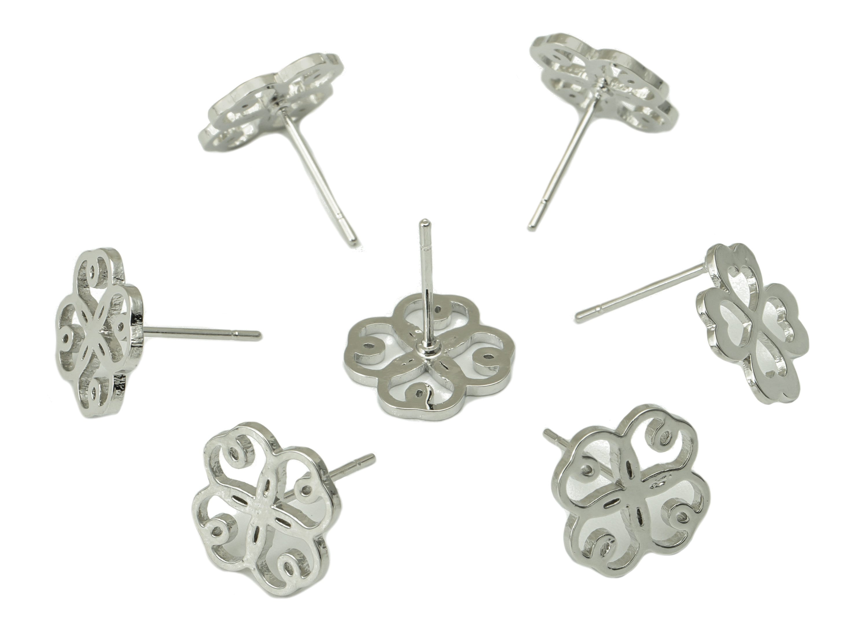 Brass Flower Earring Stud - Brass Window Cut Earring Post - Heart Silver Clover Earring Post -18K Real White Gold Plated- 11x11x1mm-RGP6583S - DOMEDBAZAAR